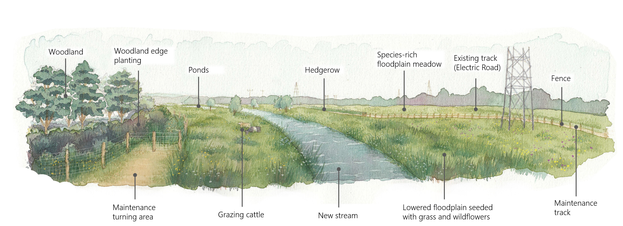 Image of an artist's impression of the new stream, as viewed from Devil's Backbone. The image is annotated to describe the features of the stream. From left to right: Woodland, woodland planting edge, maintenance turning area, grazing cattle, ponds, the new stream, lowered floodplain seeded with grass and wildflowers, fence, maintenance track, hedgerow, species-rich floodplain meadow, and existing track (Electric Road).