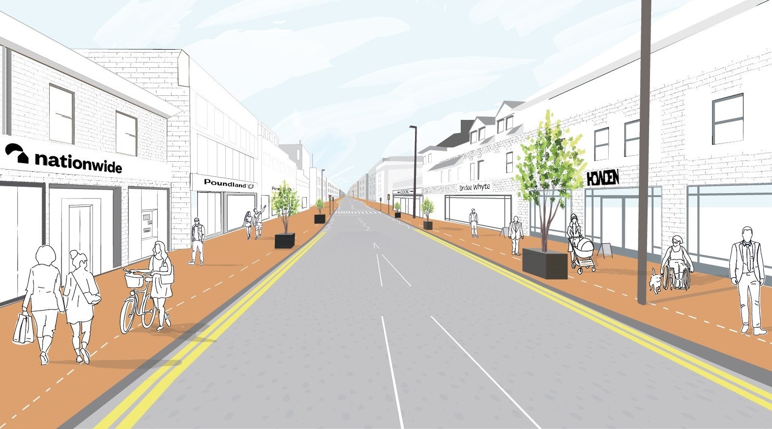 A visualisation of proposed improvements on South Road with widened footways, planting and new surfacing.