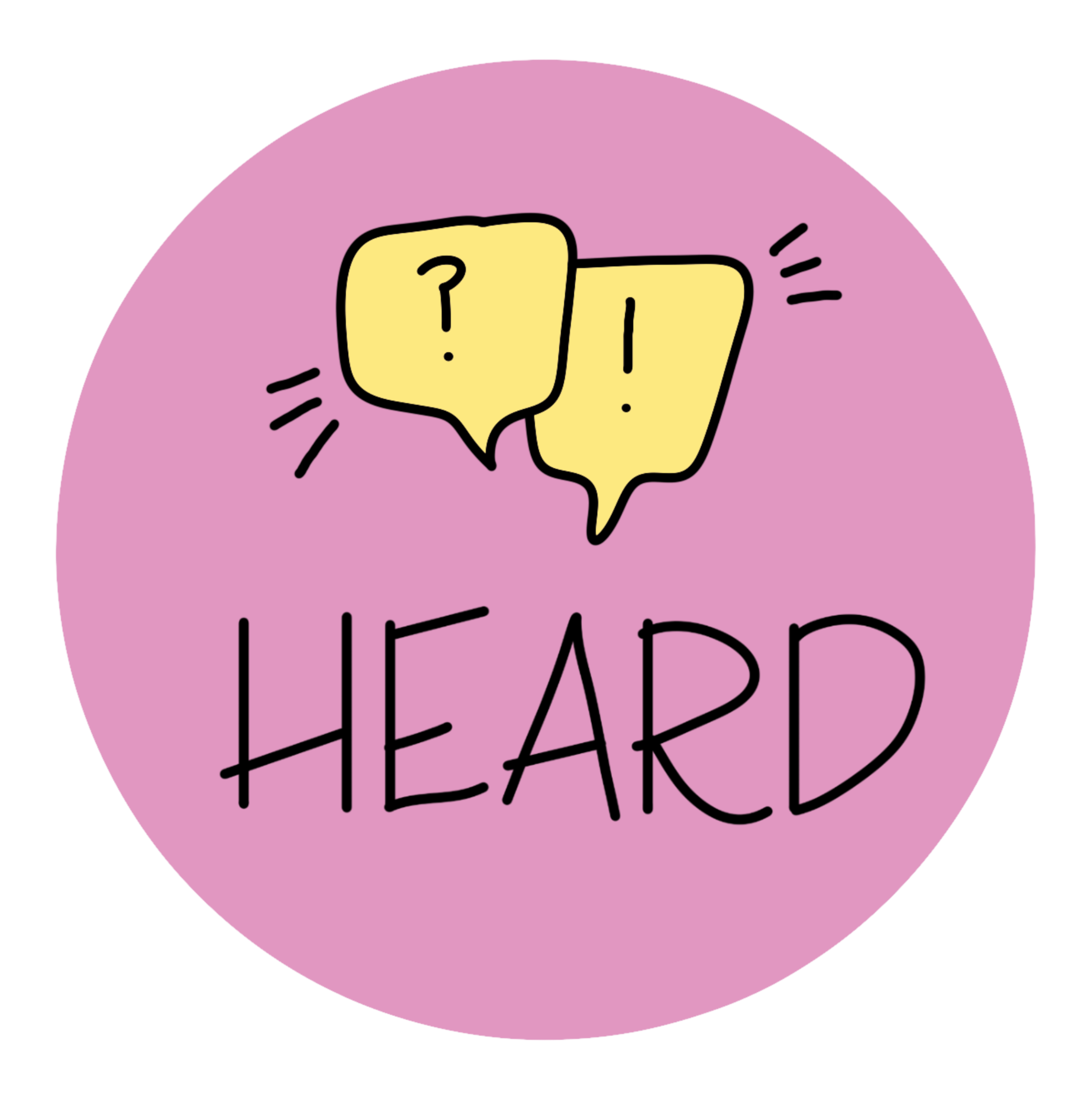 A pink circle with the word 'Heard' in it, and 2 yellow speech bubbles