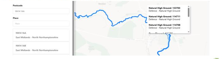 There is a faded map of the UK with a blue line running through it (this represents the watercourse). There is an option box in this panel given you the option to choose an flood defence asset. There is panel to the left where the postcode went. 