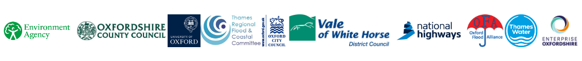 Scheme partner Logos. Includes Environment Agency, Oxfordshire County Could, the University of Oxford, the Thames Regional Flood & Coastal Committee, Oxford City Council, Vale of White Horse District Council, national highways, the Oxford Flood Alliance, Thames Water, and Enterprise Oxfordshire.