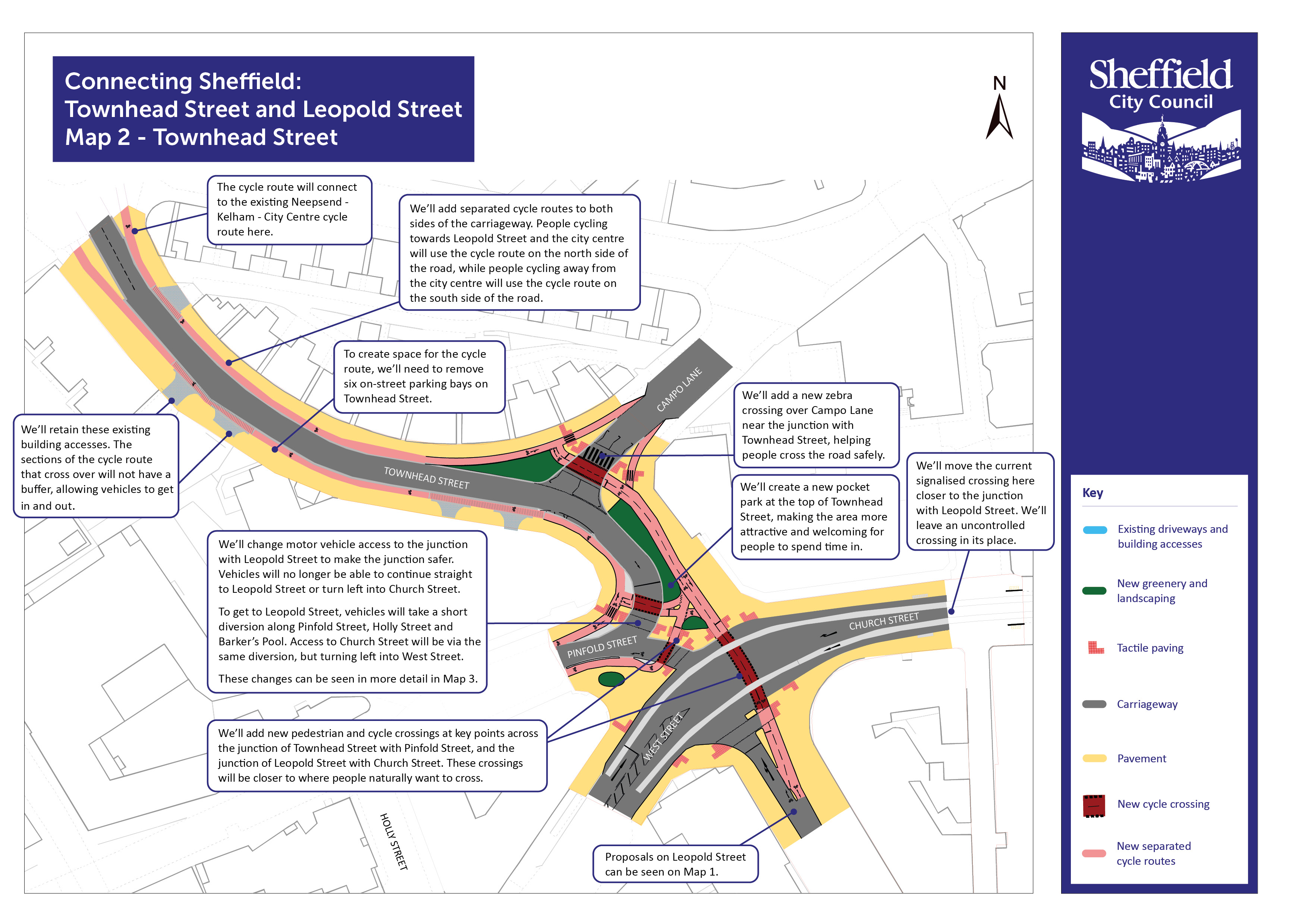 Map showing proposed changes on Townhead Street, and at the junction of Townhead Street, Leopold Street, West Street and Church Street