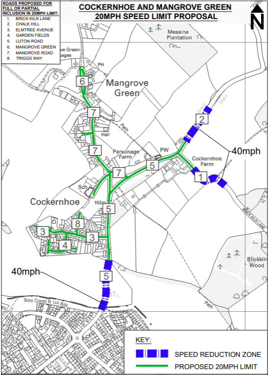 Map of proposed 20mph limits in Cockernhoe & Mangrove Green
