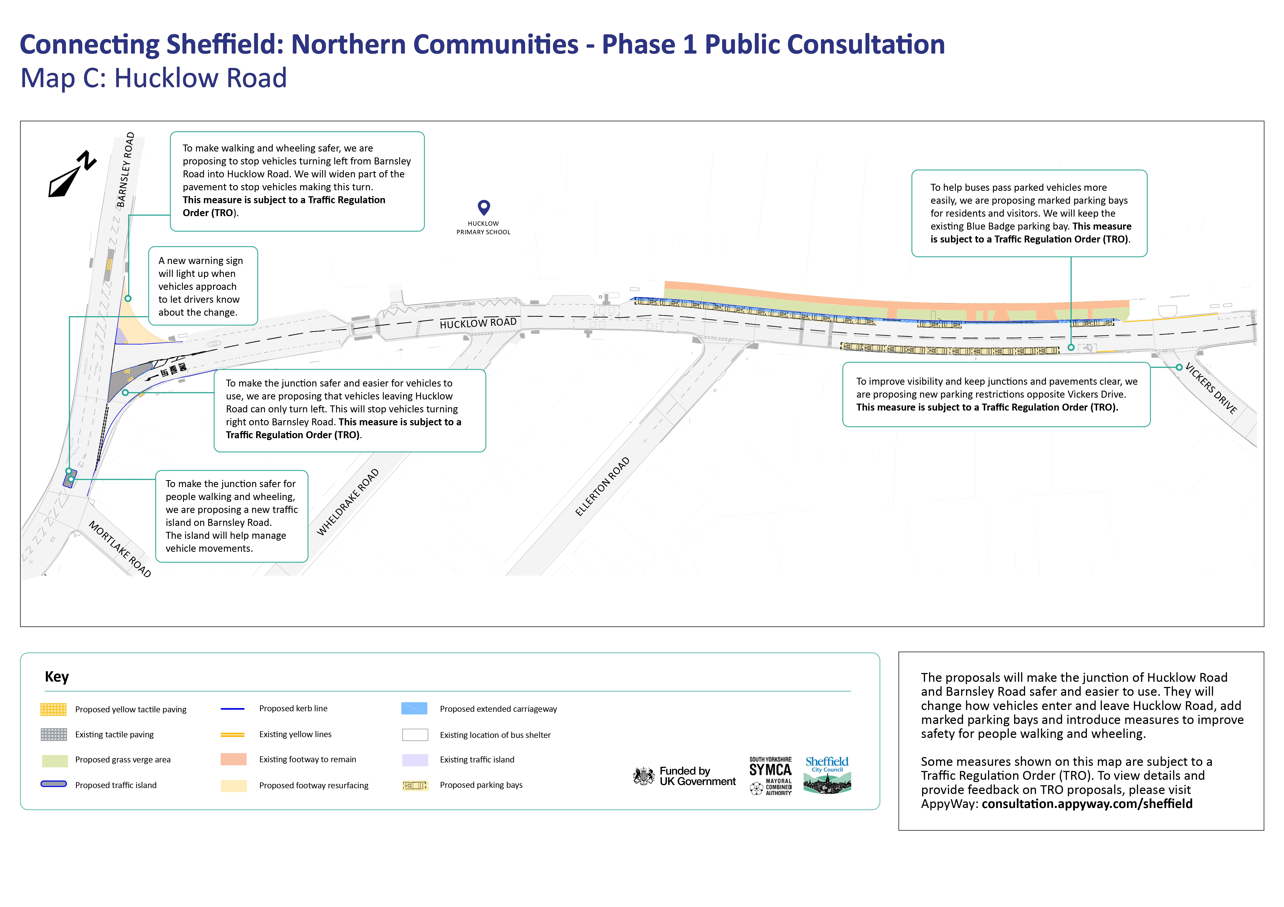 A map showing plans to change how vehicles enter and leave Hucklow Road, proposals to add marked parking bays and measures to improve safety for people walking and wheeling.
