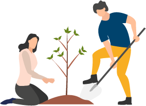 Image shows a woman and man with a space planting a tree