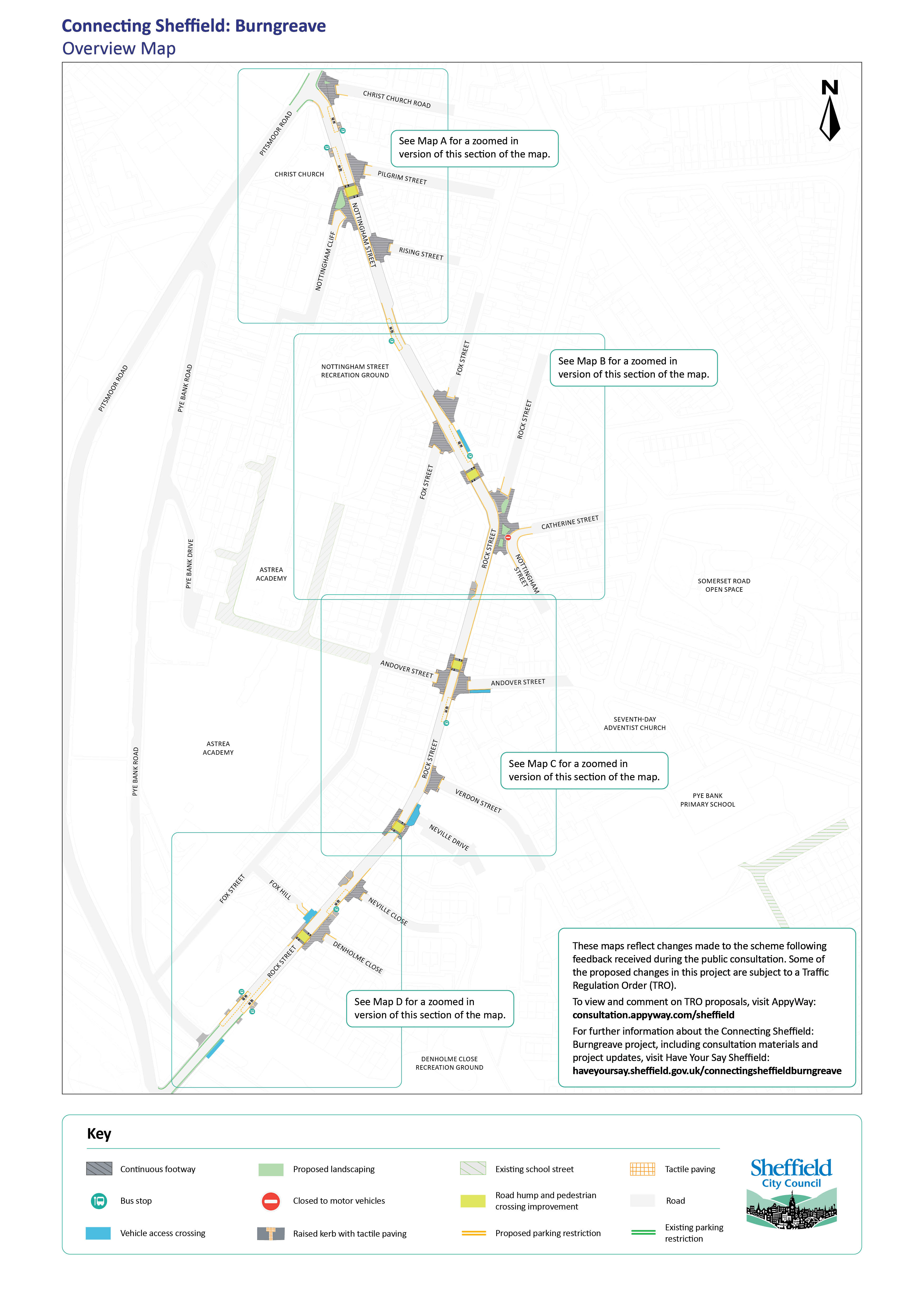 A map showing an overview of where proposals for improvements are located in Burngreave between Nottingham Street and Rock Street