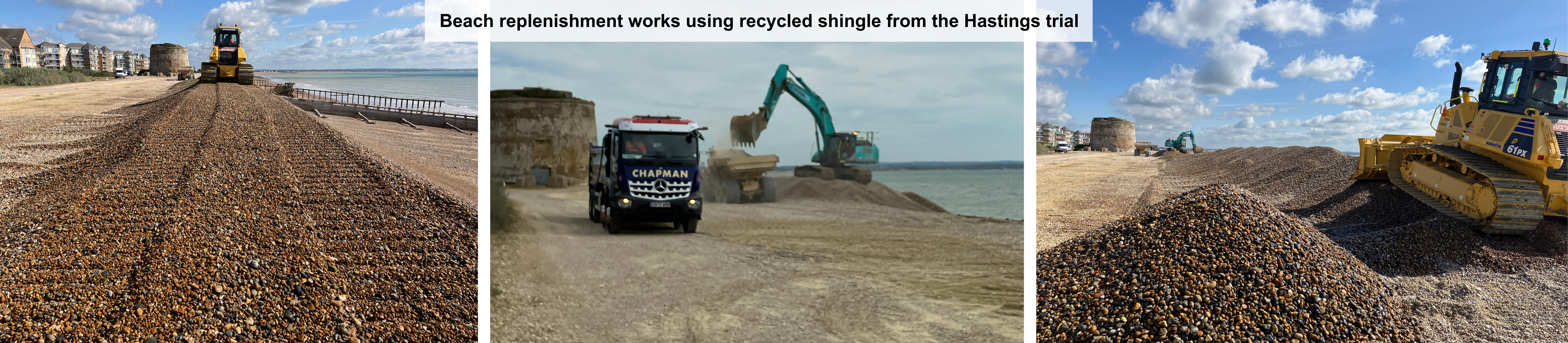 Beach replenishment works using recycled shingle from the Hastings trial