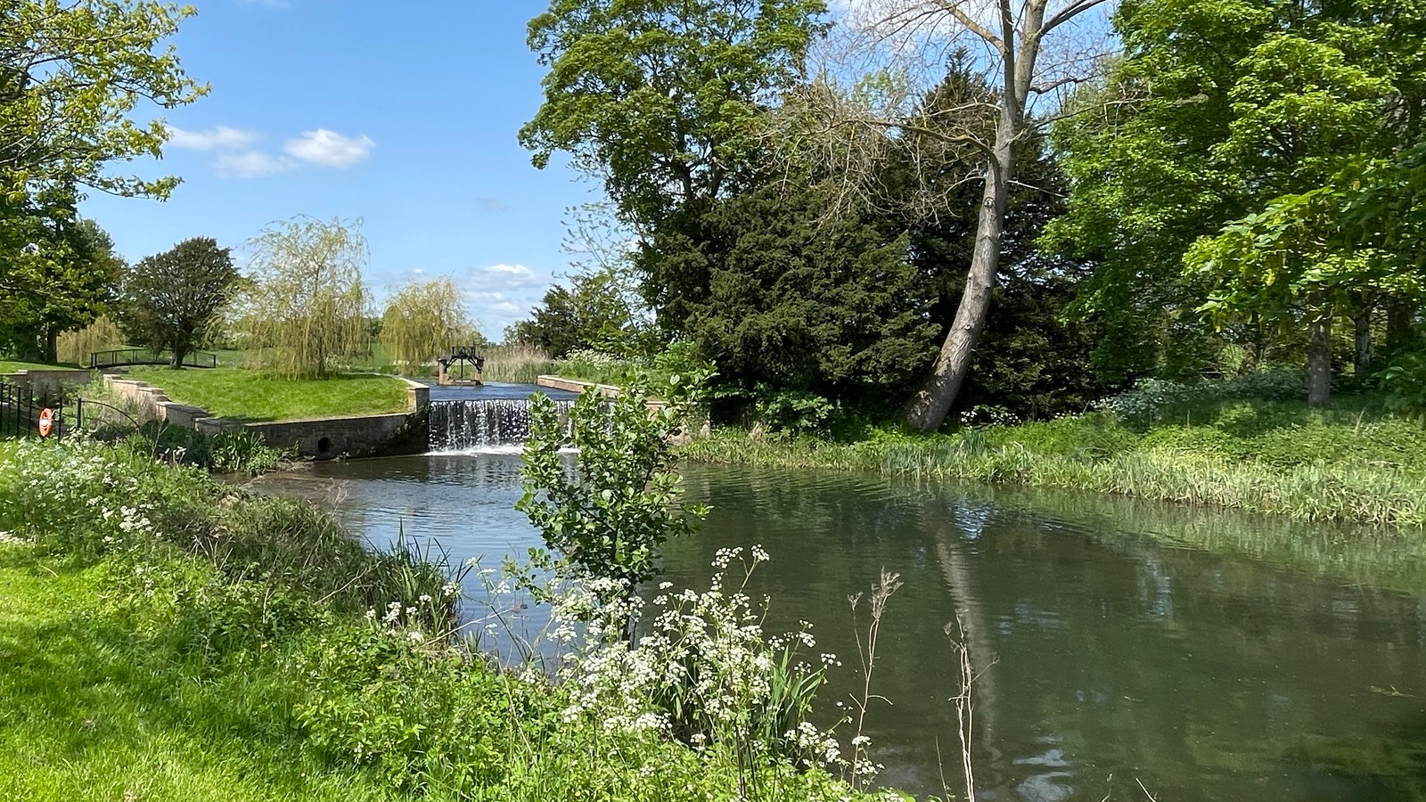 A serene landscape with a gently flowing river and a small waterfall, surrounded by lush green trees and blooming wildflowers.