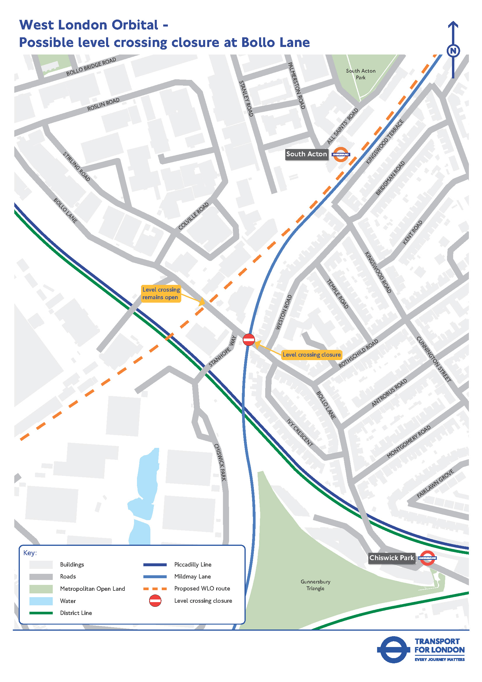 Map showing location of possible level crossing closure on Bollo Lane