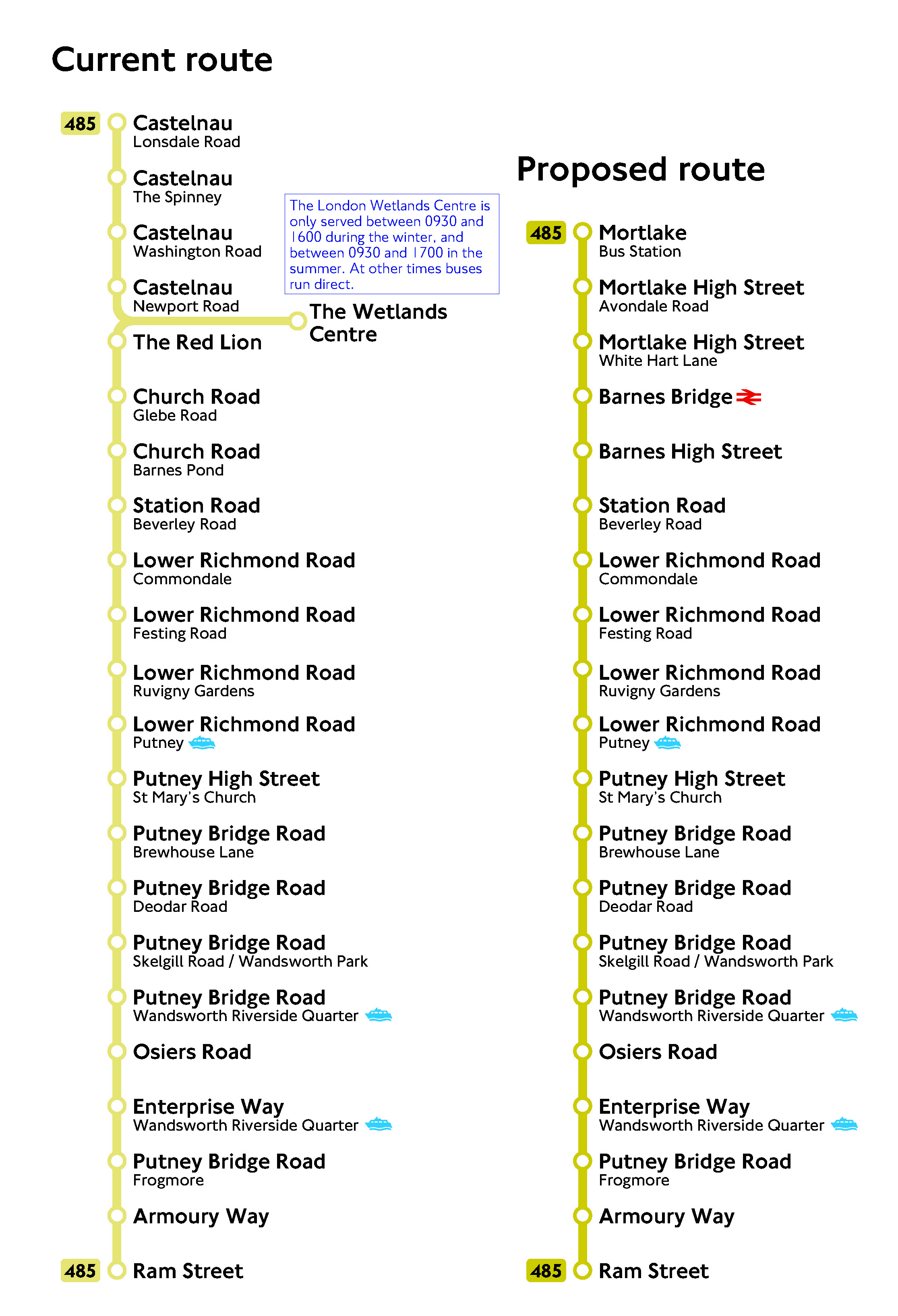 Linear map showing current and proposed bus route 485