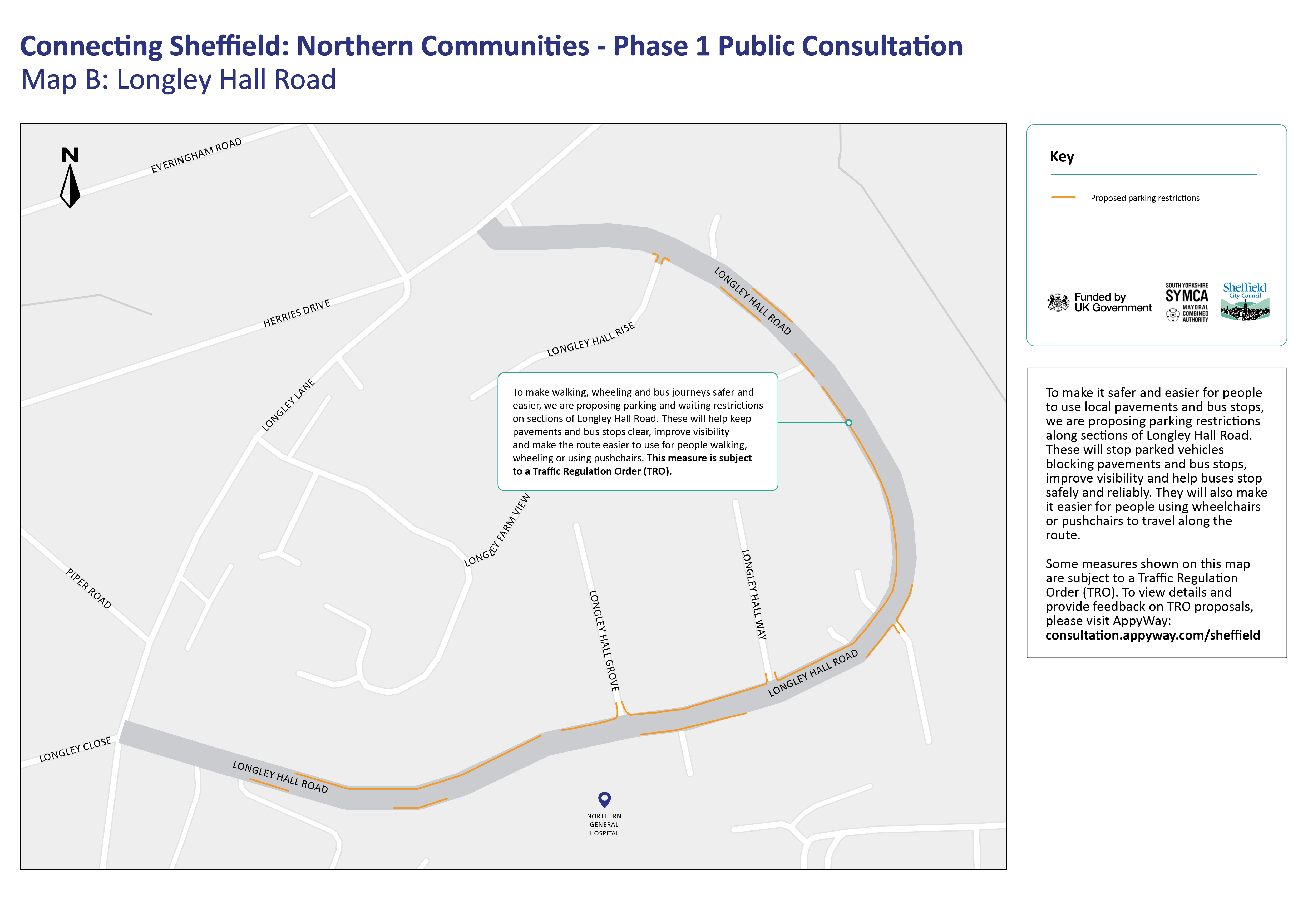Map of Longley Hall Road showing plans for parking restrictions along sections of the road to stop parked vehicles blocking pavements and bus stops, improve visibility and help buses stop safely and reliably. 