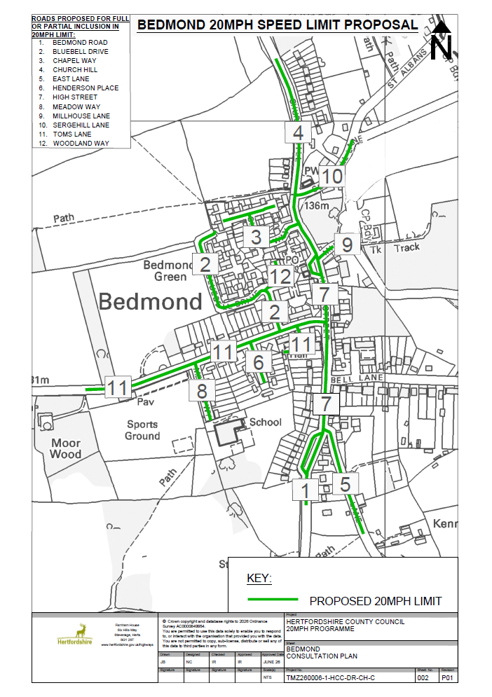 A map to show the Bedmond 20mph speed limit proposal