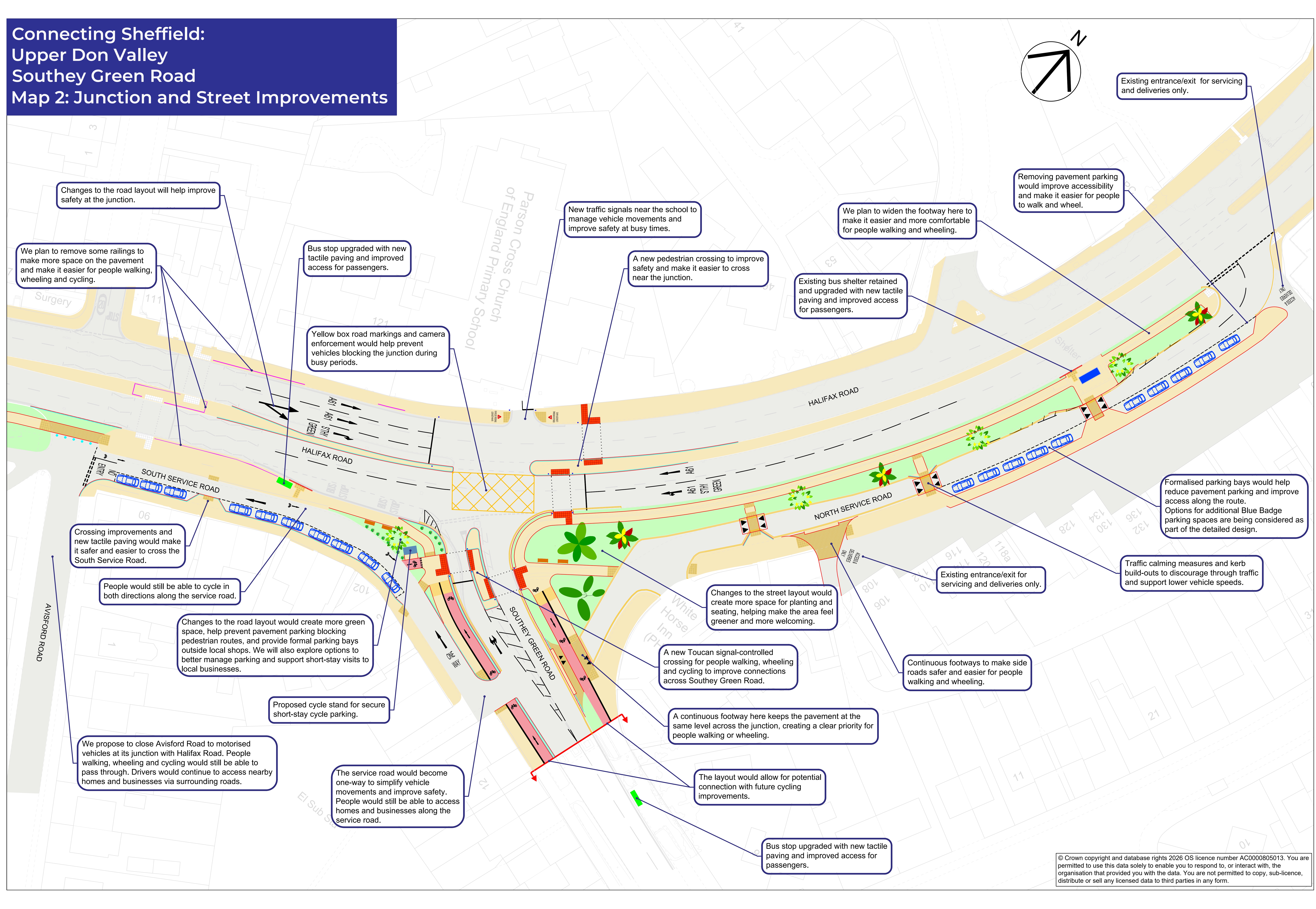 Map showing proposed improvements at Halifax Road and Southey Green Road, including junction improvements, improved green spaces, improved crossings and changes to parking to improve access to shops