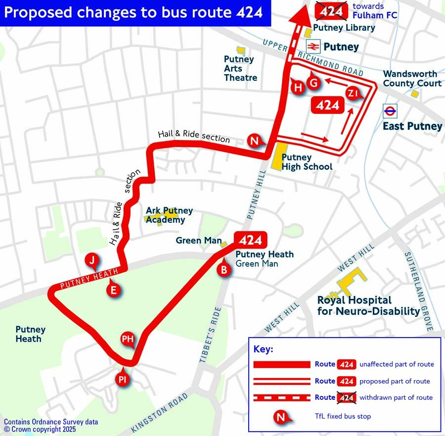Map showing proposed changes to route 424 in detail