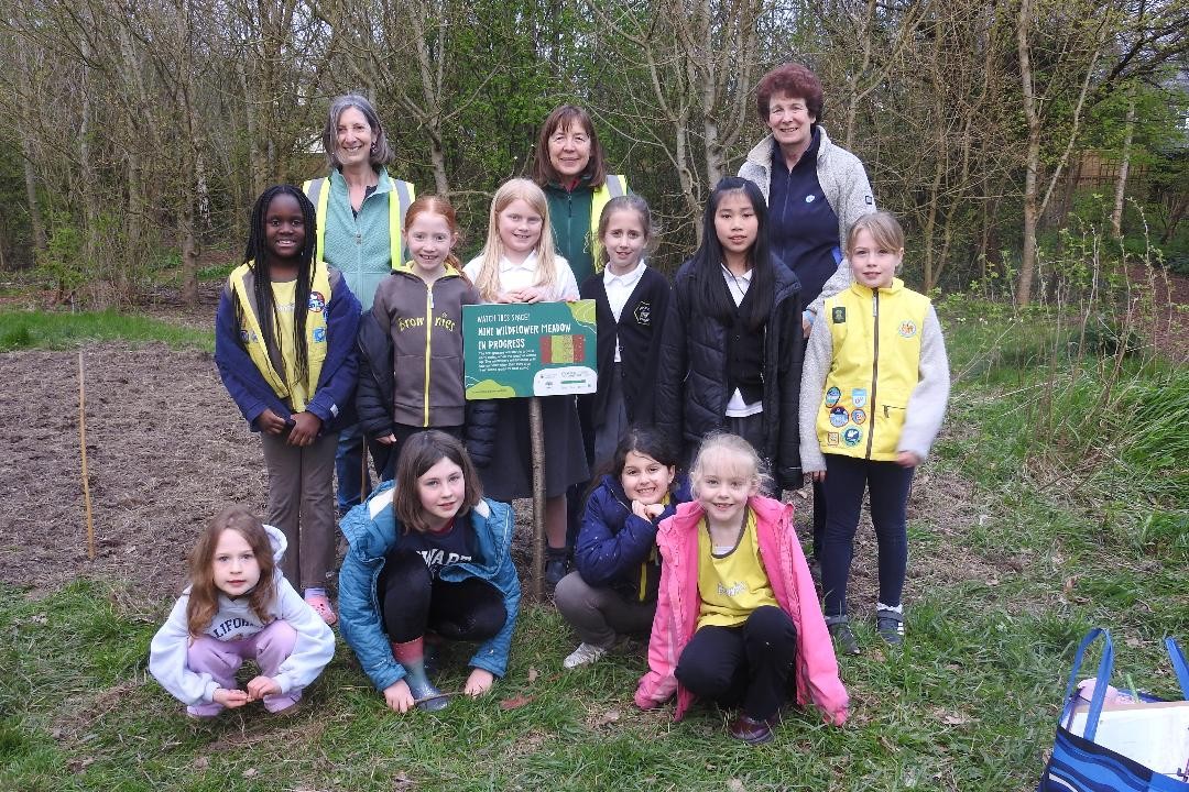 Brownies and volunteers next to wildflower sign
