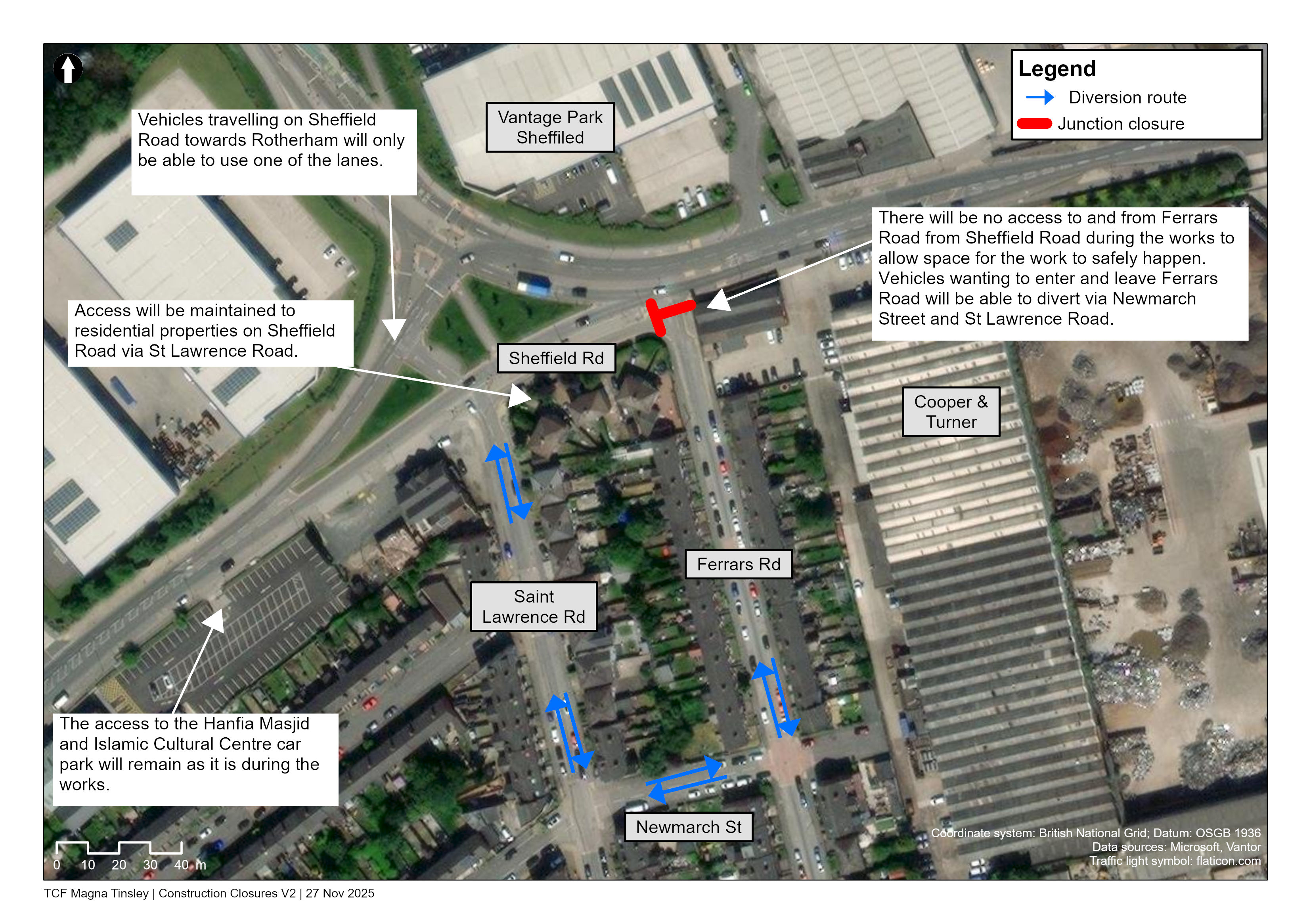 Map showing temporary traffic movements at the junction of Blackburn Meadows Way and Sheffield Road during works