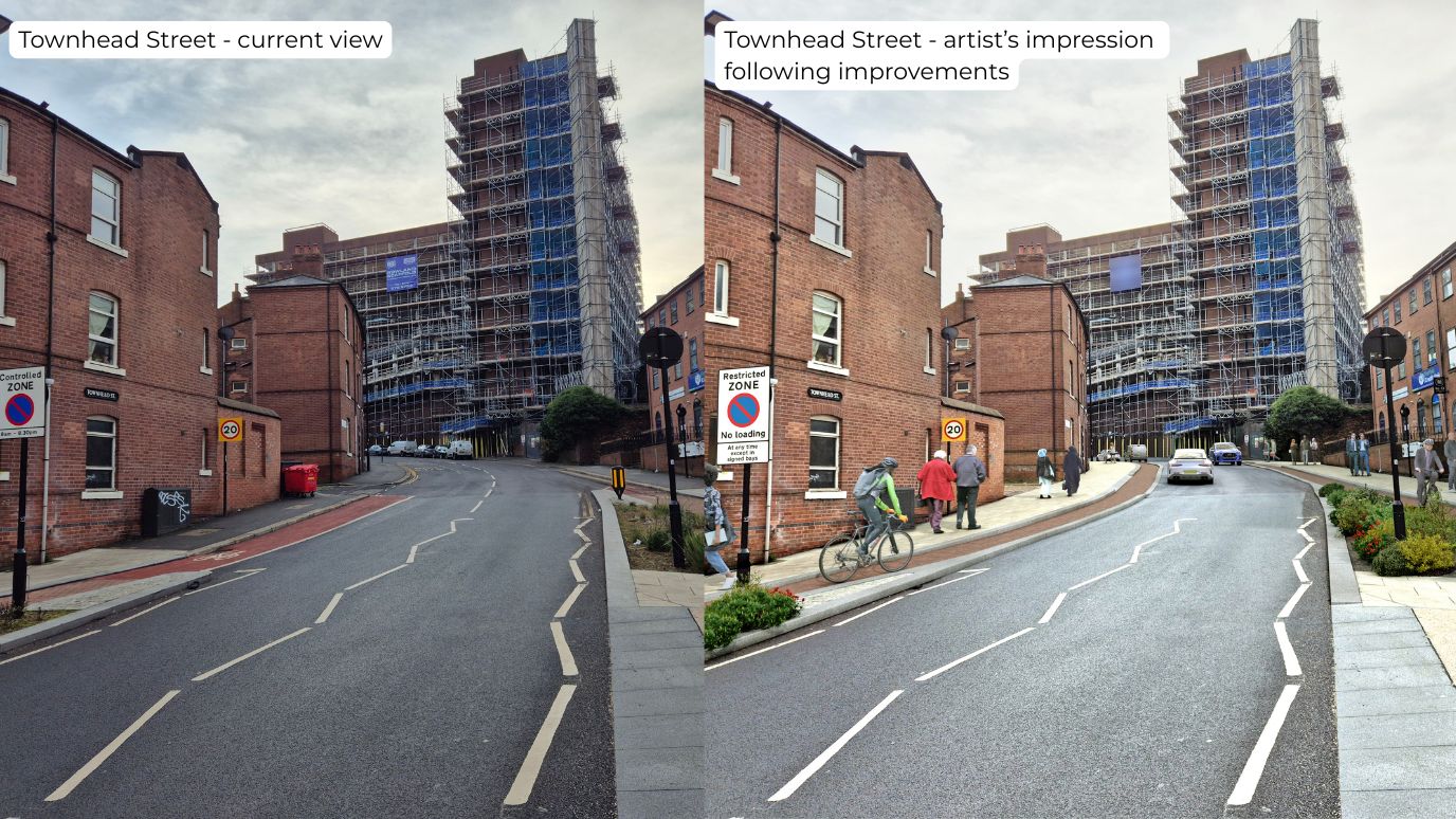 Image shows current view of Townhead Street on the left, with a red cycle route that ends half way up the hill. There is a buliding in the background under constructuion and a controlled zone sign in the foreground. The image on the right shows an artist impression after improvements, with new paving, a cycle route all the way up the hill and more planting to the right. 
