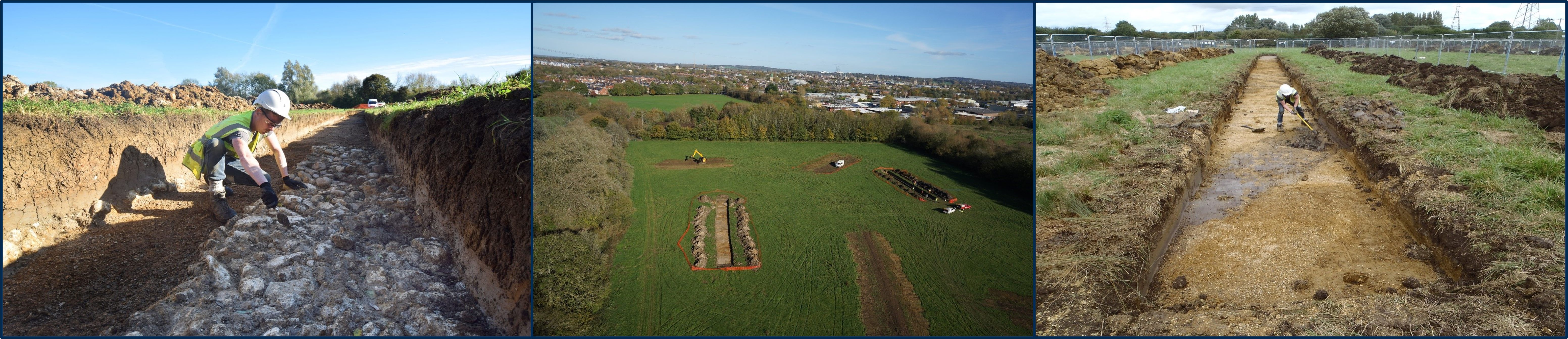 Photographs of 2017 Archaeological work. Photo of archaeologist working on stone causeway. Drone shot of works. Photograph of archaeological trench.
