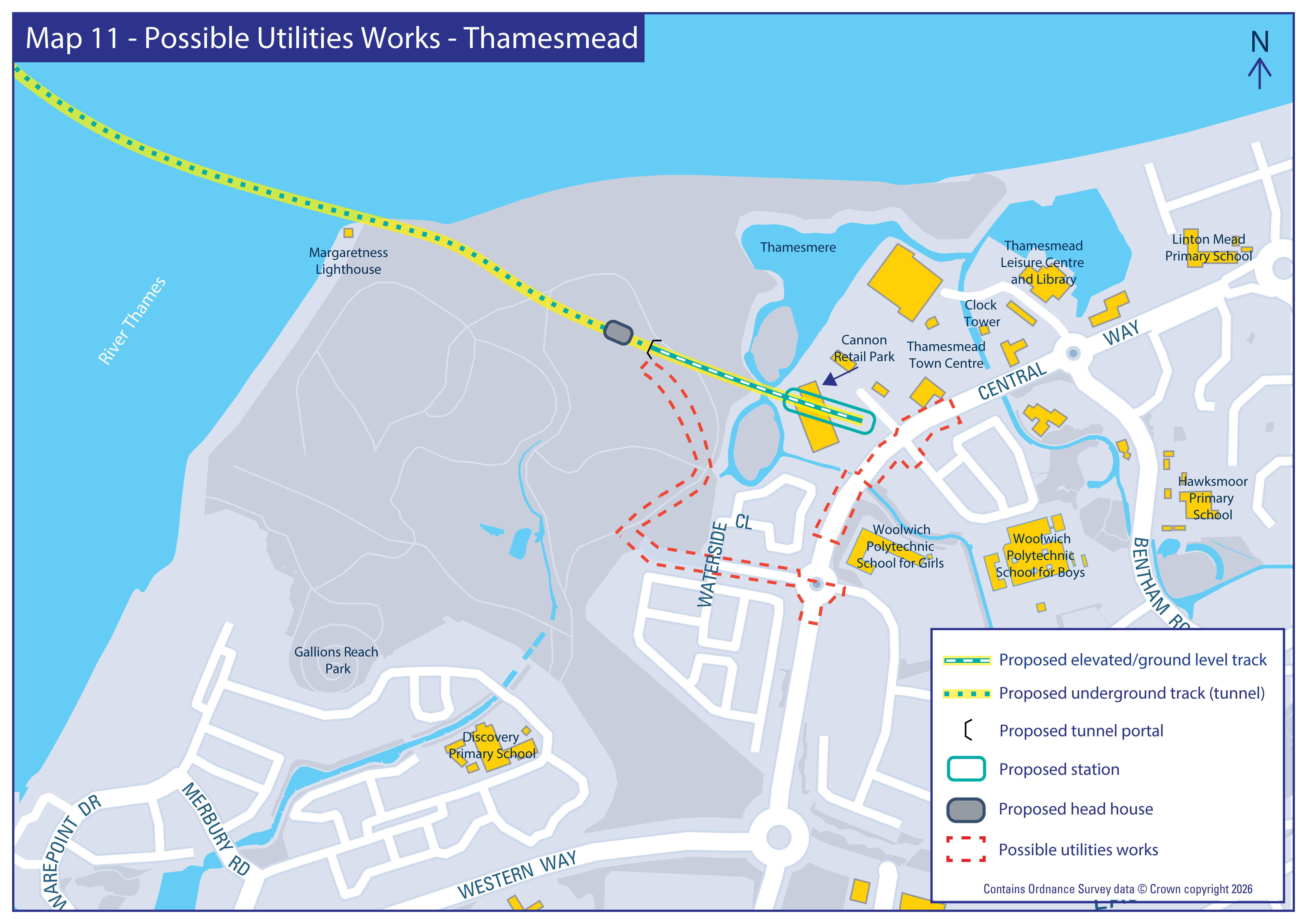 Map showing possible utilities works and DLR route in Thamesmead