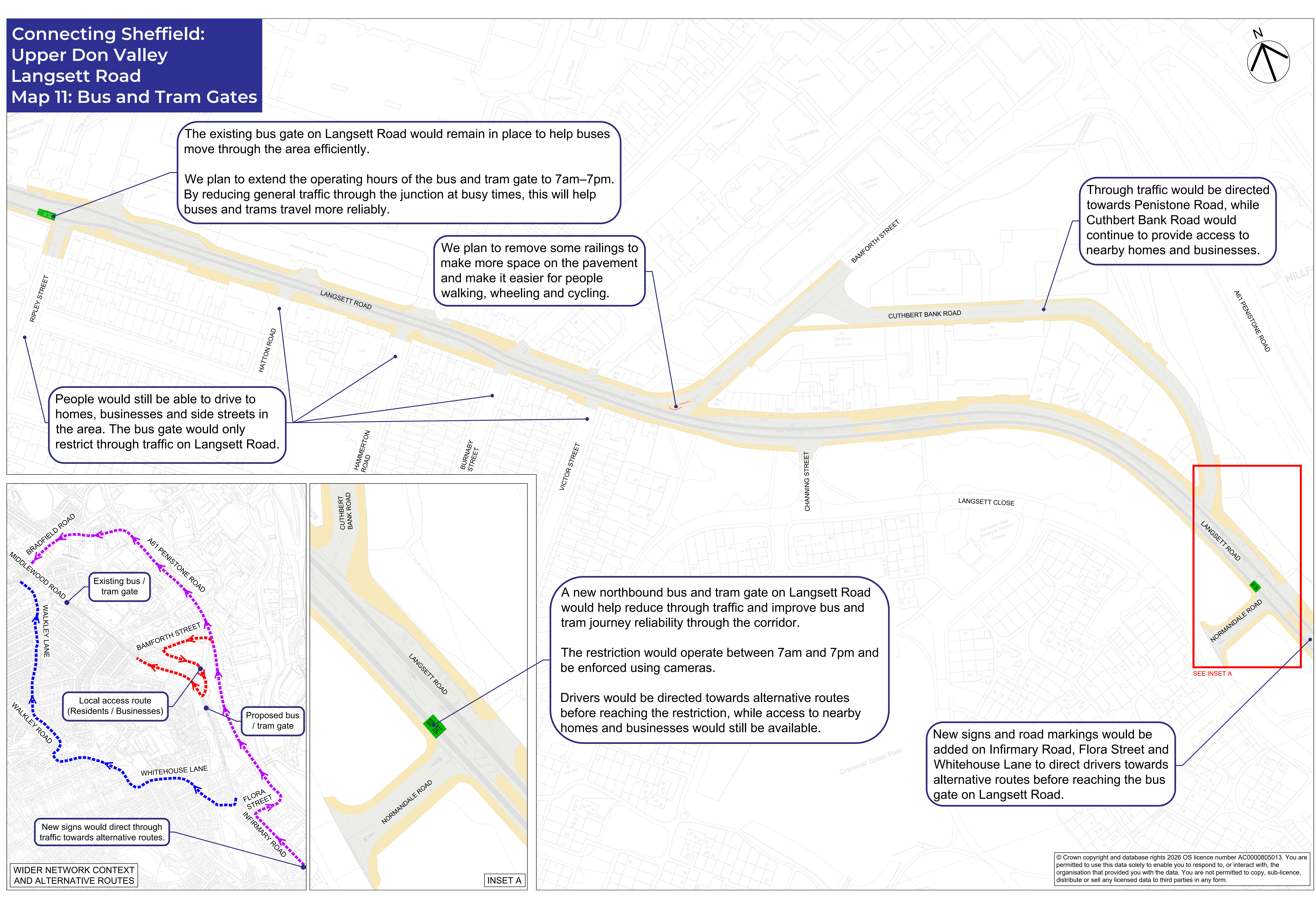 Map showing proposals for improvements at Middlewood Road and Langsett Road including a new bus and tram gate, continued access for residents and businesses, reduced through-traffic and new signage