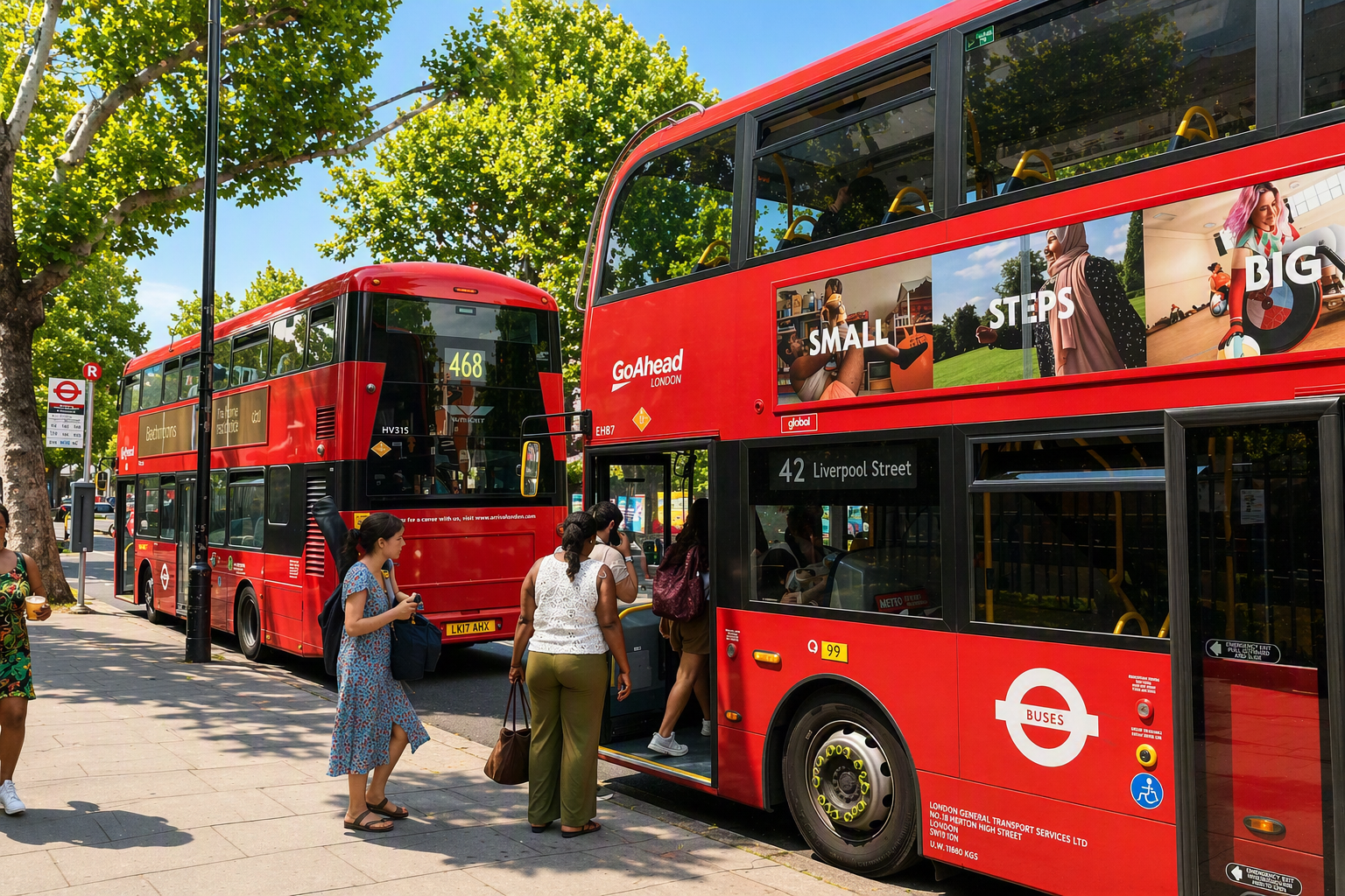 Passengers boarding a Route 42 double decker bus towards Liverpool Street at a bus stop R on a tree lined London street