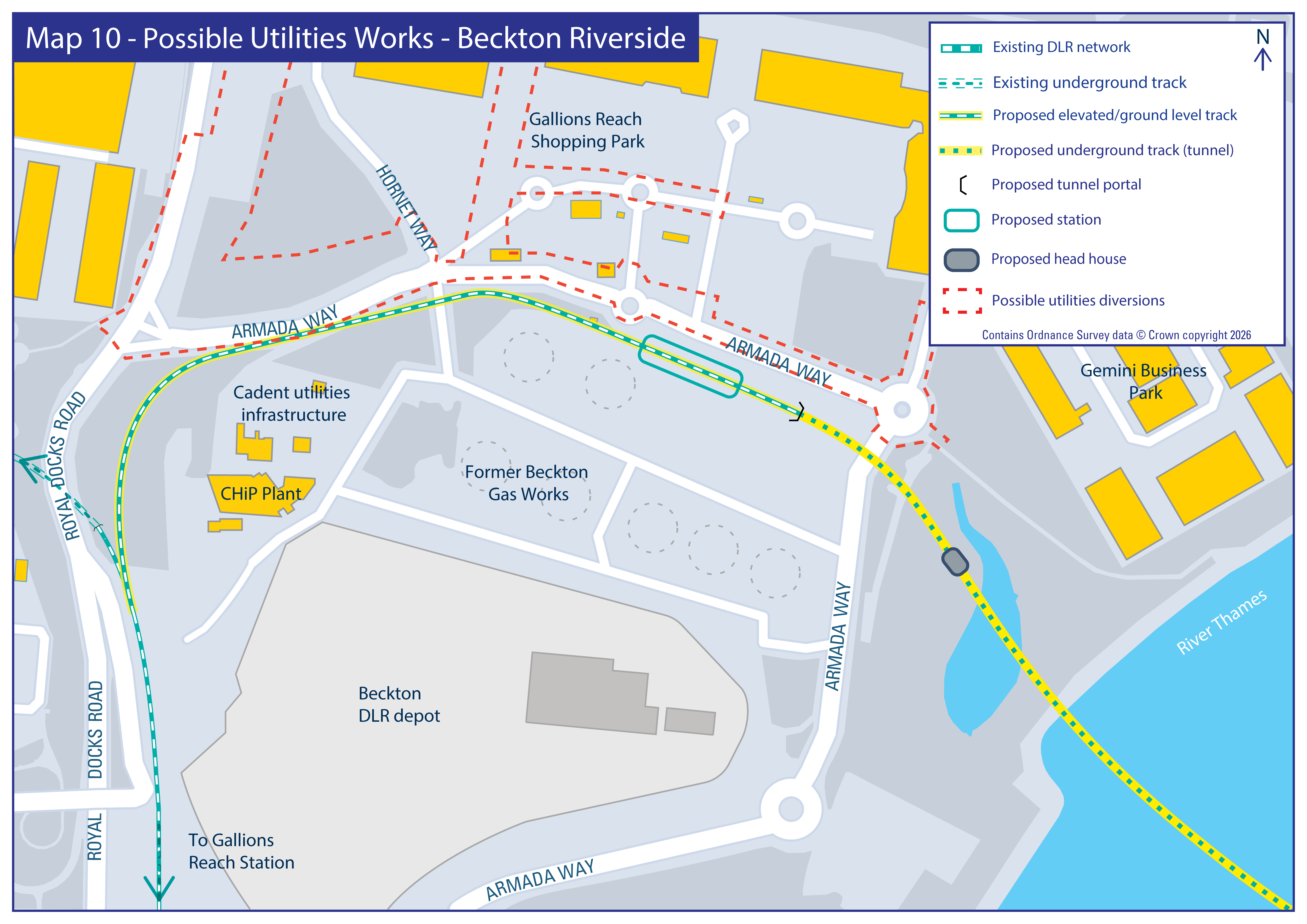 Map showing possible utilities works and DLR route along Armada Way at Beckton Riverside