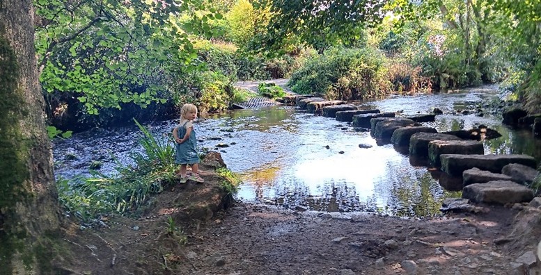 Where a series of stepping stones form the footpath across a stream, a young child contemplates their next move