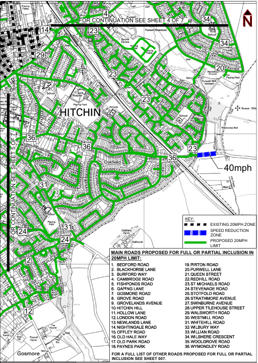 Map showing the 20mph speed limit proposal in South East Hitchin