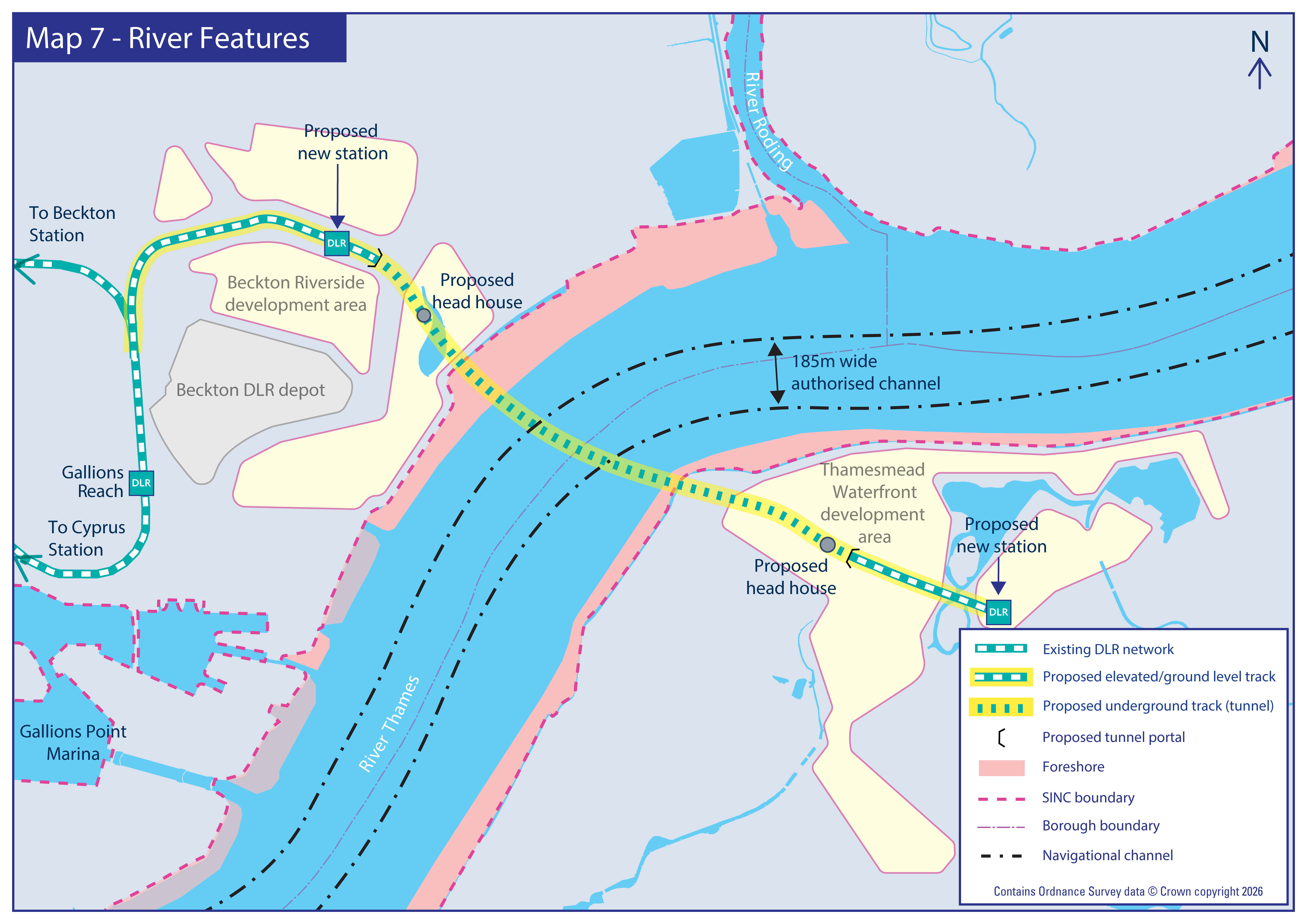 Map showing river features and DLR route crossing the River Thames