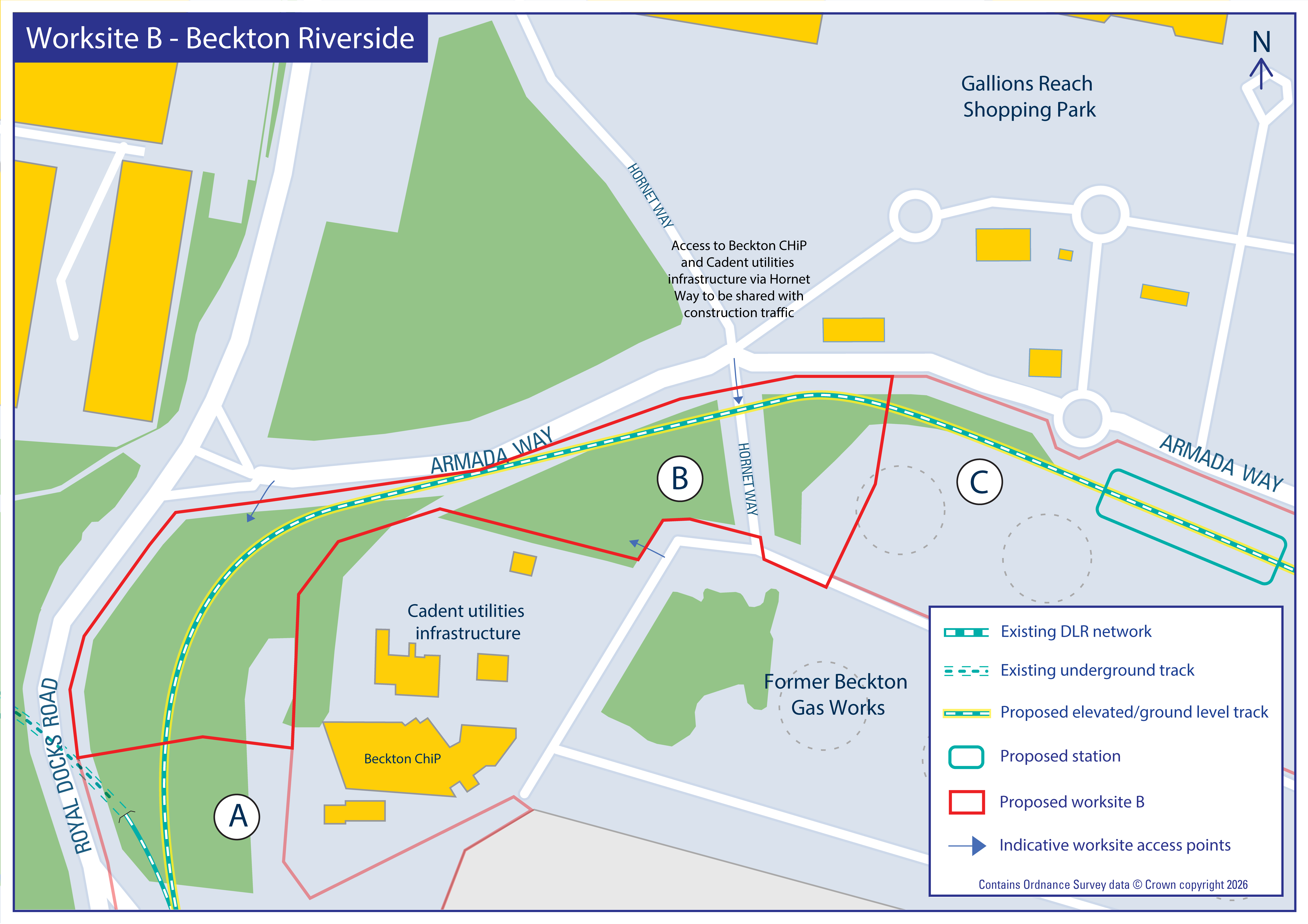 Map showing proposed Worksite B and DLR route along Armada Way