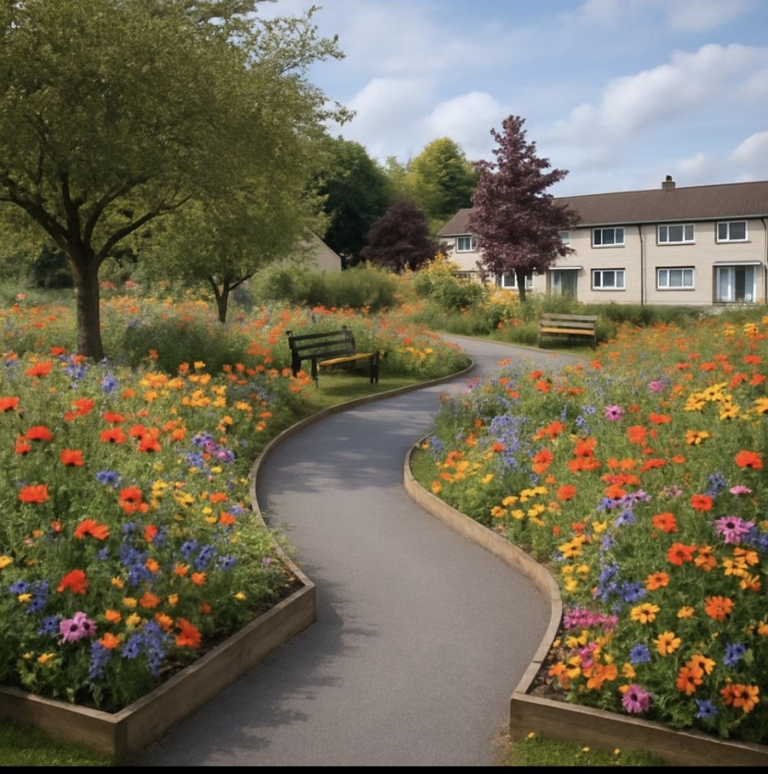 Flower beds on either side of a foot path and bench seating