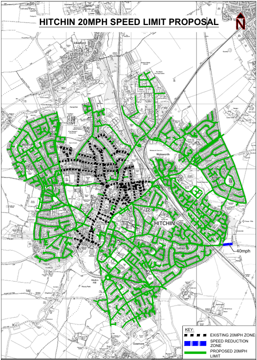 Map showing Hitchin 20mph speed limit proposal in full.