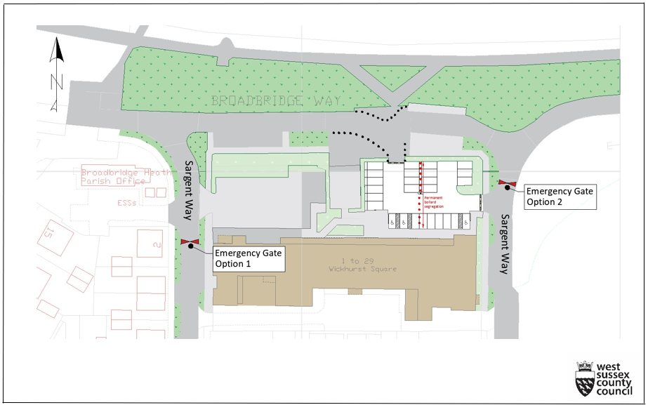 Sargent Way road closure with emergency access gate. The image above shows two options - East or West for closure along with permanent bollard segregation of the Broadbridge Heath Neighbourhood Centre Car Park.