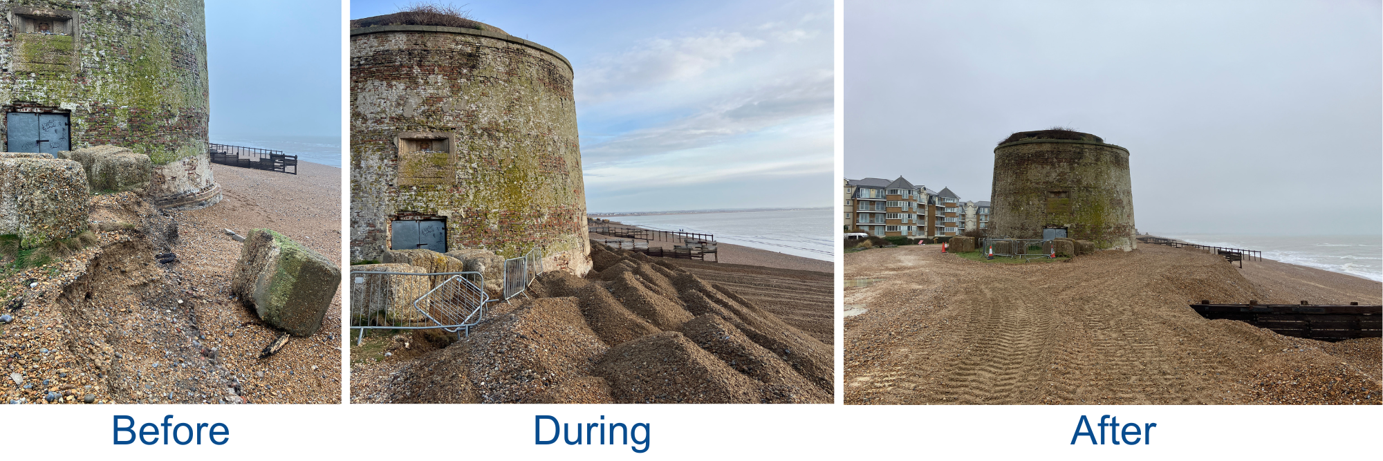 Before, during, and after photos of beach management works