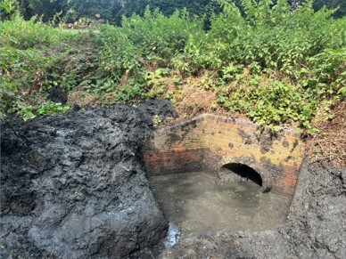 Photograph of a brick drainage culvert surrounded by muddy soil and dense green vegetation. The culvert features a small arched opening.