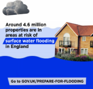 Small infographic showing a  house and surface water flooding. Text says Around 4.6 million properties are in areas at risk of surface water flooding in England. Go to http://gov.uk/prepare-for-flooding 