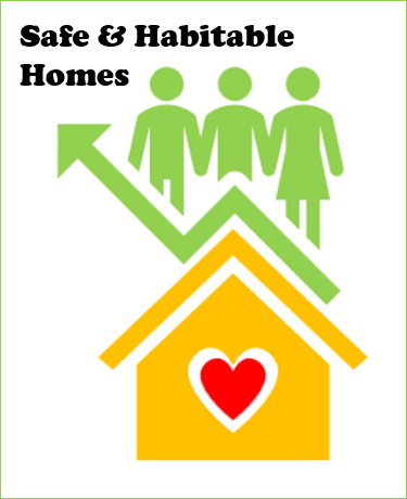Safe and habitable homes logo of a house with a heart for person-centred approach and 3 people icons to show collaborative work with the person.
