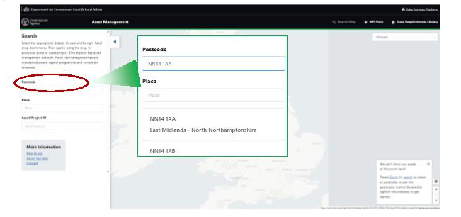 There is a white page with a map of the UK in the background. There is panel to the left and a red circle around an option. Theis panel is 'blown up' in the middle to clearly see where to add a postcode.