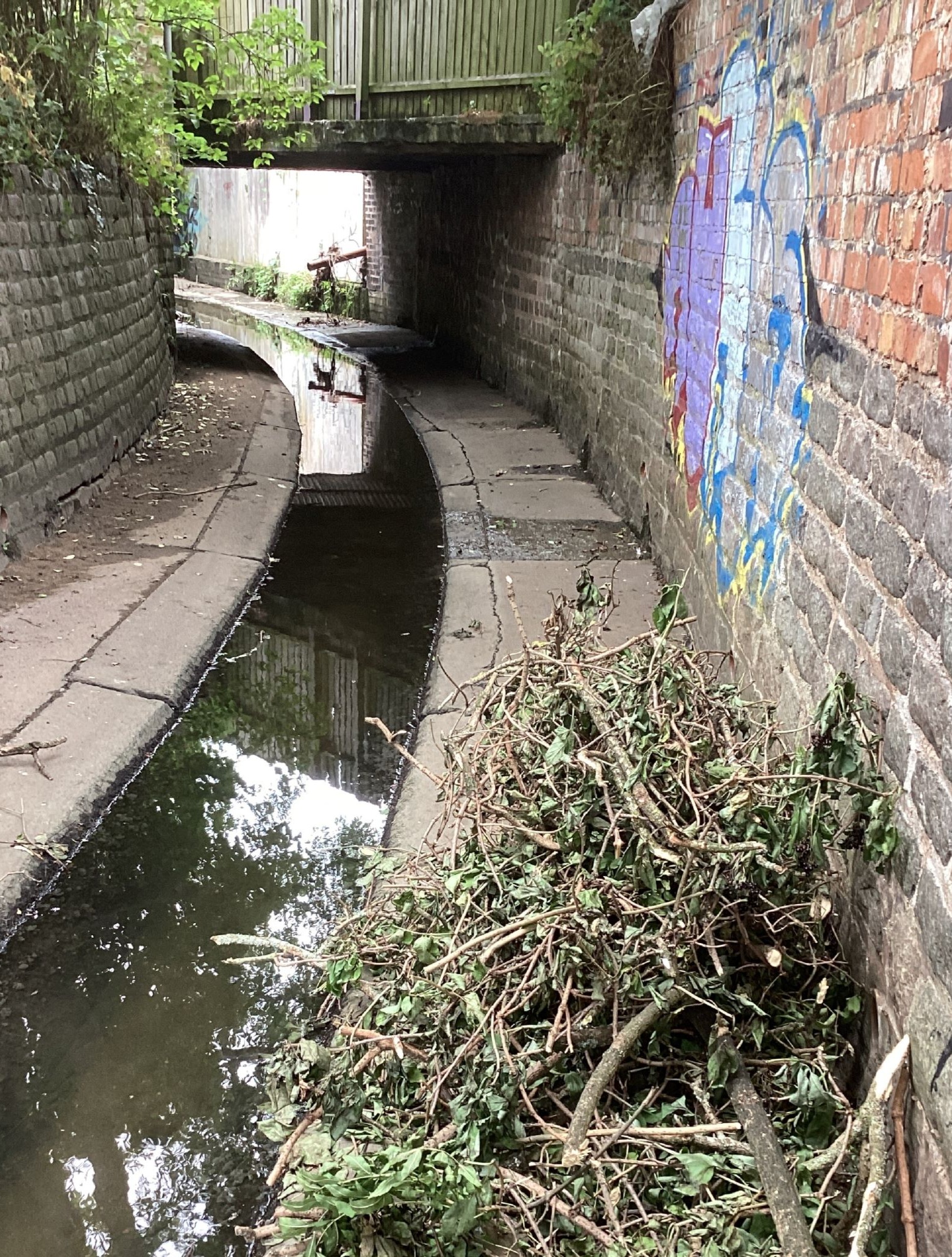 A photo taken from within the Brook Channel, which is roughly 2 metres wide. There are vertical brick channel walls rising up to 3 metres on either side. A concrete channel bed with a smaller channel located in its centre about 50cm wide and deep that is full of water. There is a low bridge/culvert about 1.8m high, crossing the channel. 