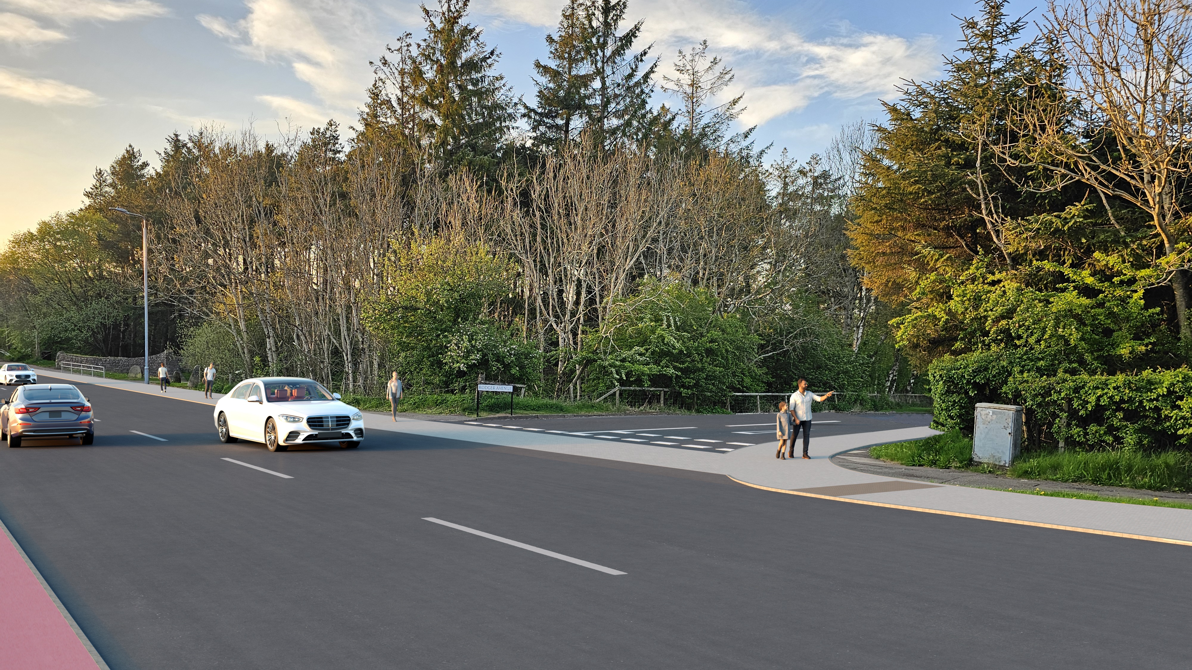 A computer-generated image showing a footway continuing across a side road junction. Tactile paving is shown to warn pedestrians this area may be crossed by vehicles.