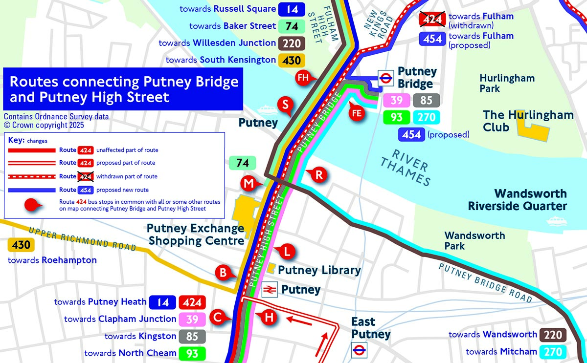 Map showing routes connecting Putney Bridge and Putney High Street