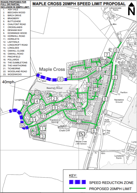 Map of proposed 20mph limits in Maple Cross