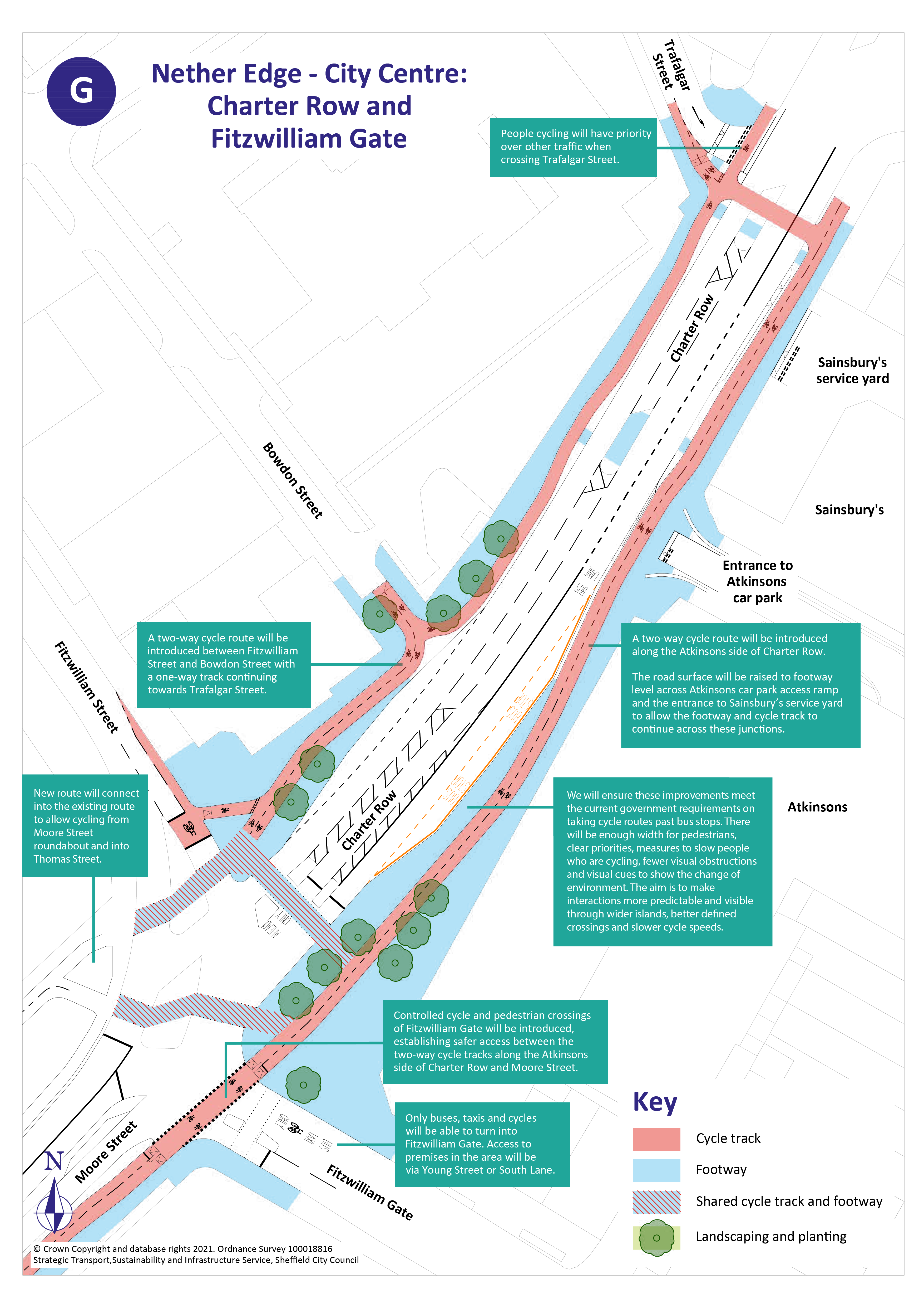 A map of Charter Row showing the new pedestrian and cycle crossings at the junction of Trafalgar Street, Bowdon Street and Fitzwilliam Gate. The map also shows the new two-way ccyle route on the Atkinsons side of the road and the new one-way route on the other side, from Bowdon Street to Trafalgar Street. Both connect to existing routes to make cycliing into and around the city centre easier and safer. 