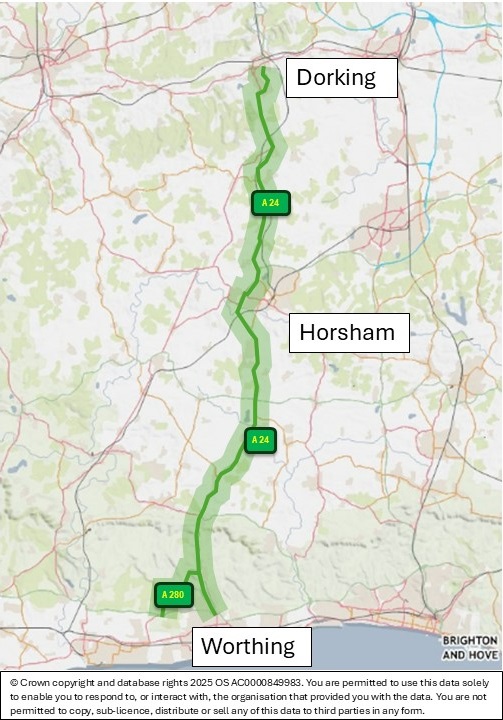 Map of A24 engagement corridor from Dorking in north through Horsham to Worthing in the south including the A280 Long Furlong between the A24 and A27