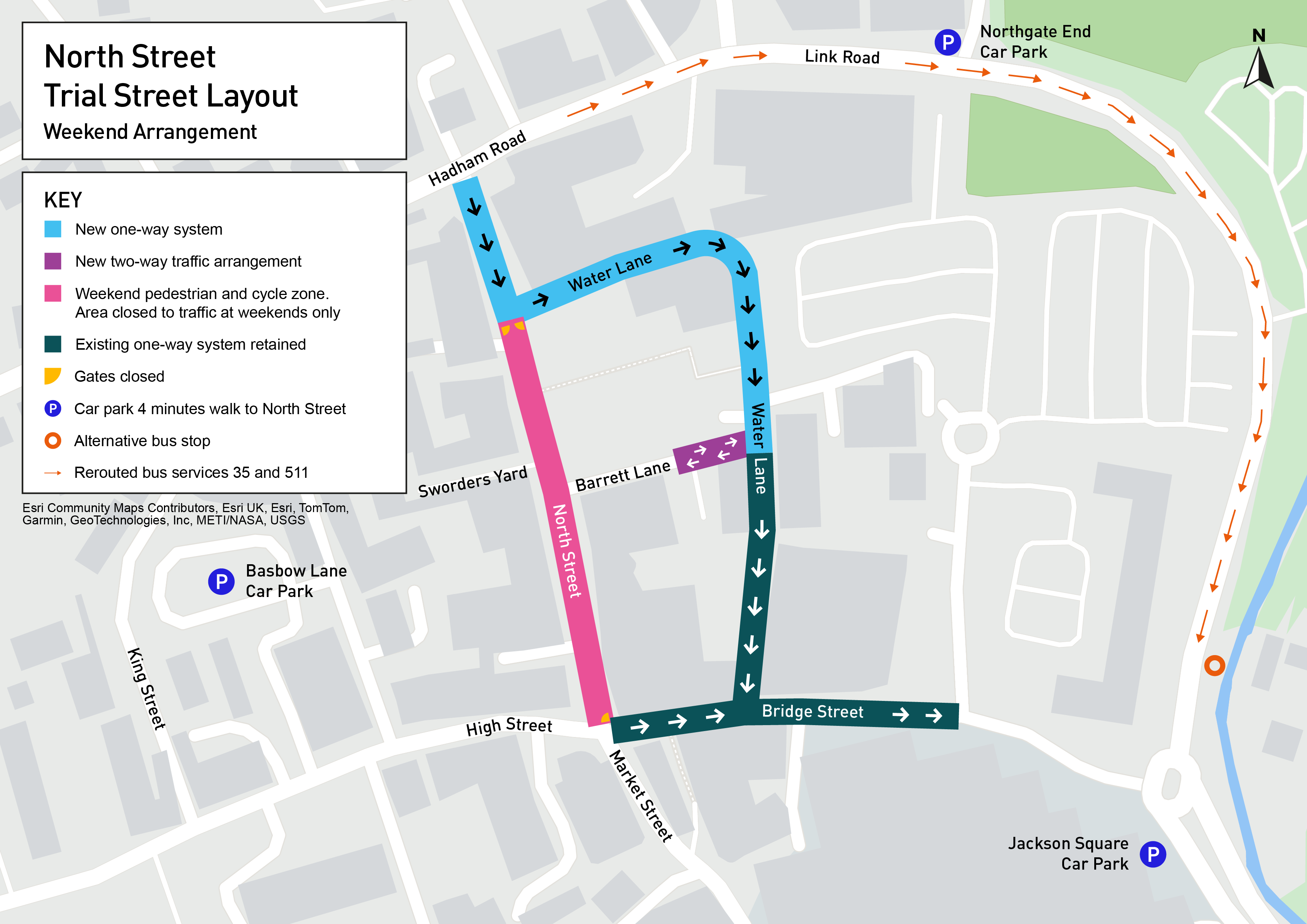 Map image showing planned trial street layout at weekends during the trial