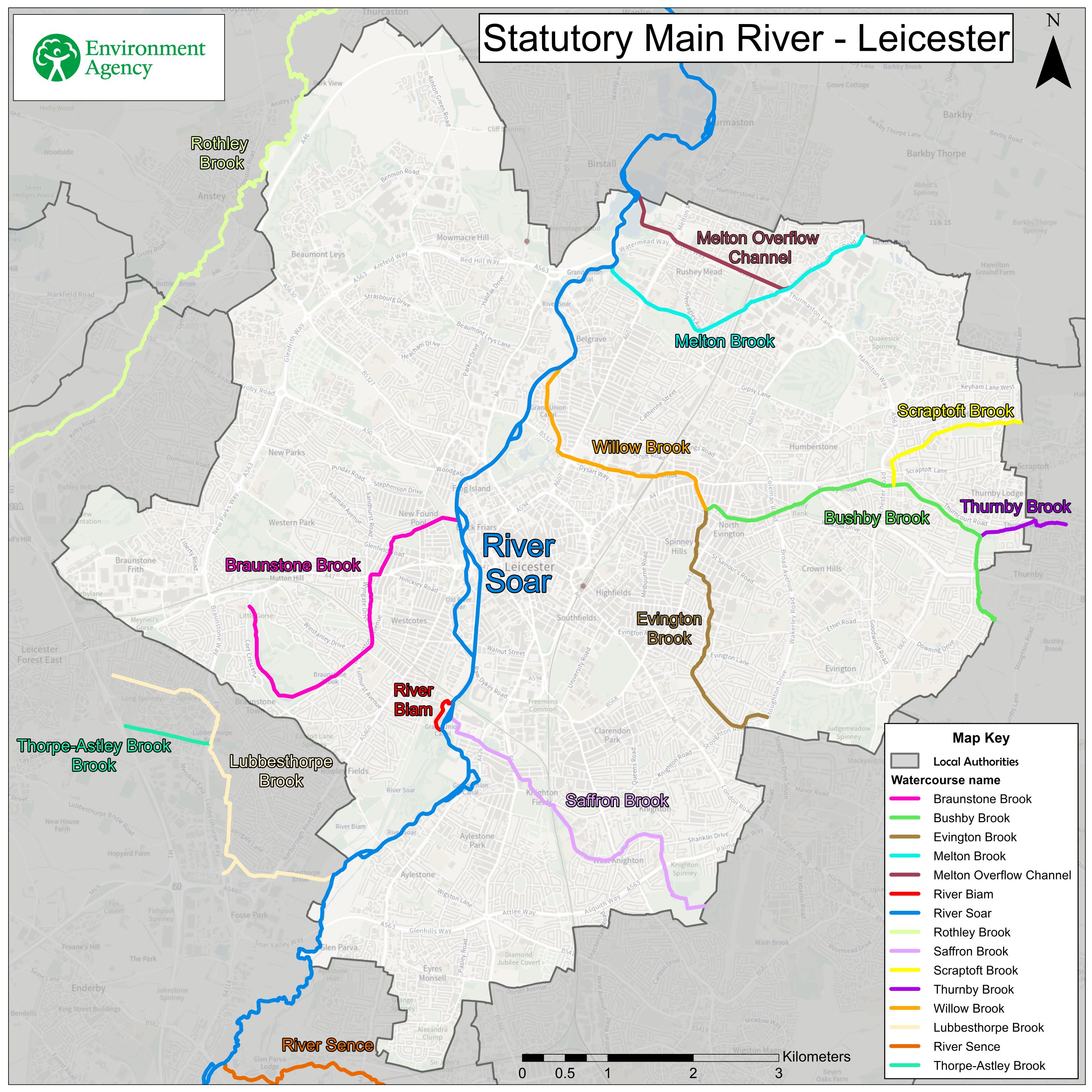 A map of Leicester City and the surrounding area. It shows the sections of watercourse that are designated as statutory main river. However the sections all have a distinct colour and are labelled, to displaying the name each section is referred to the by the Environment Agency. 