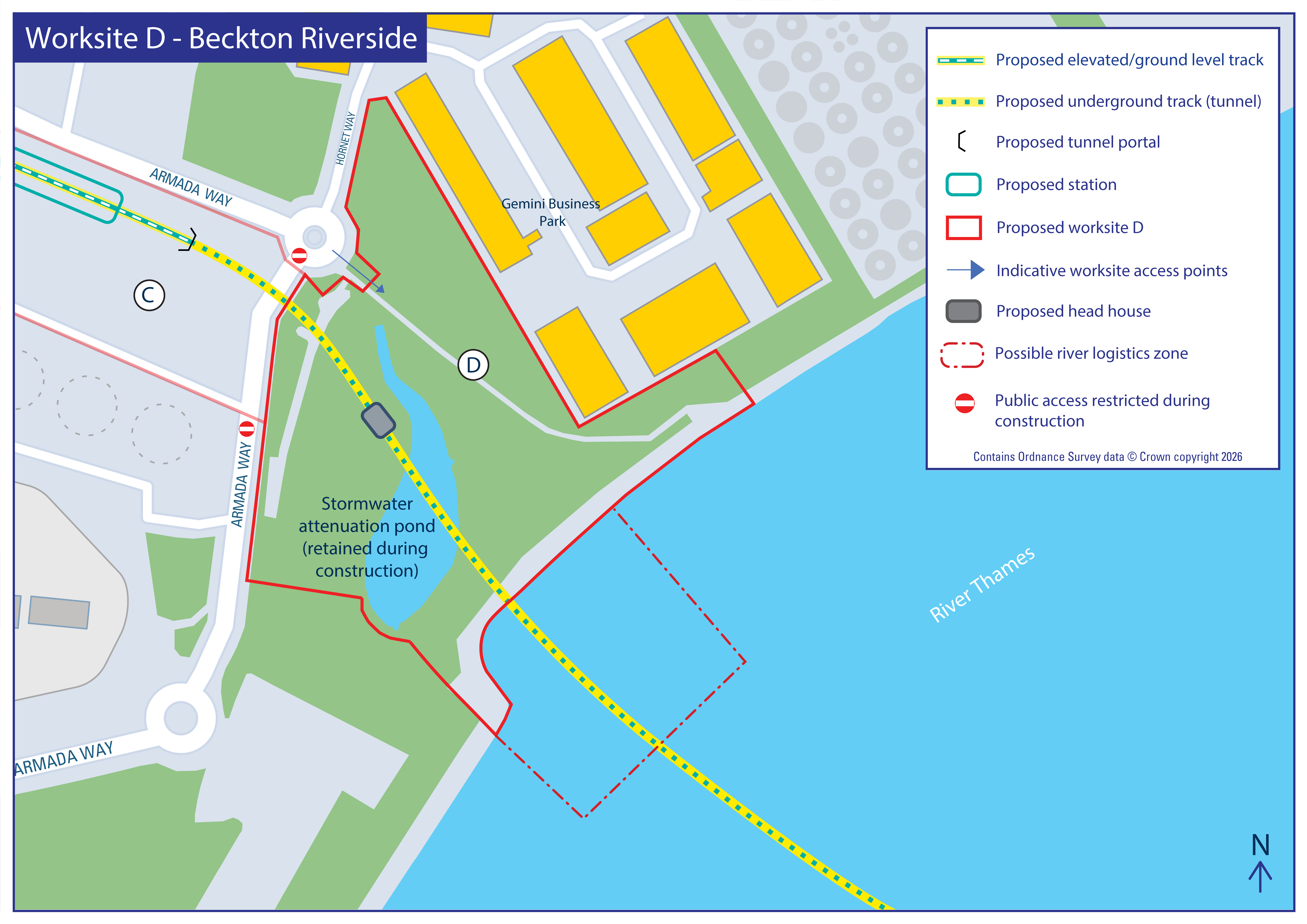 Map showing proposed Worksite D, DLR route, and river logistics area at Beckton Riverside