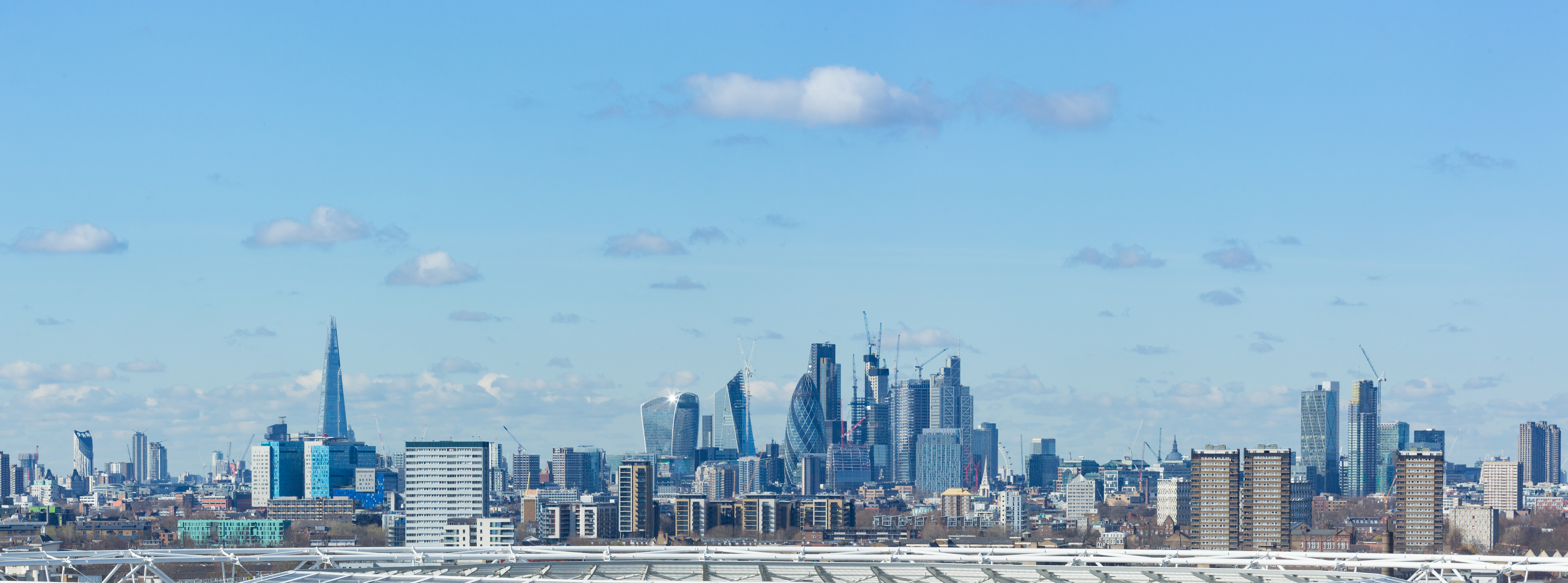 Panoramic view of London skyline featuring the Shard, City skyscrapers, and surrounding buildings