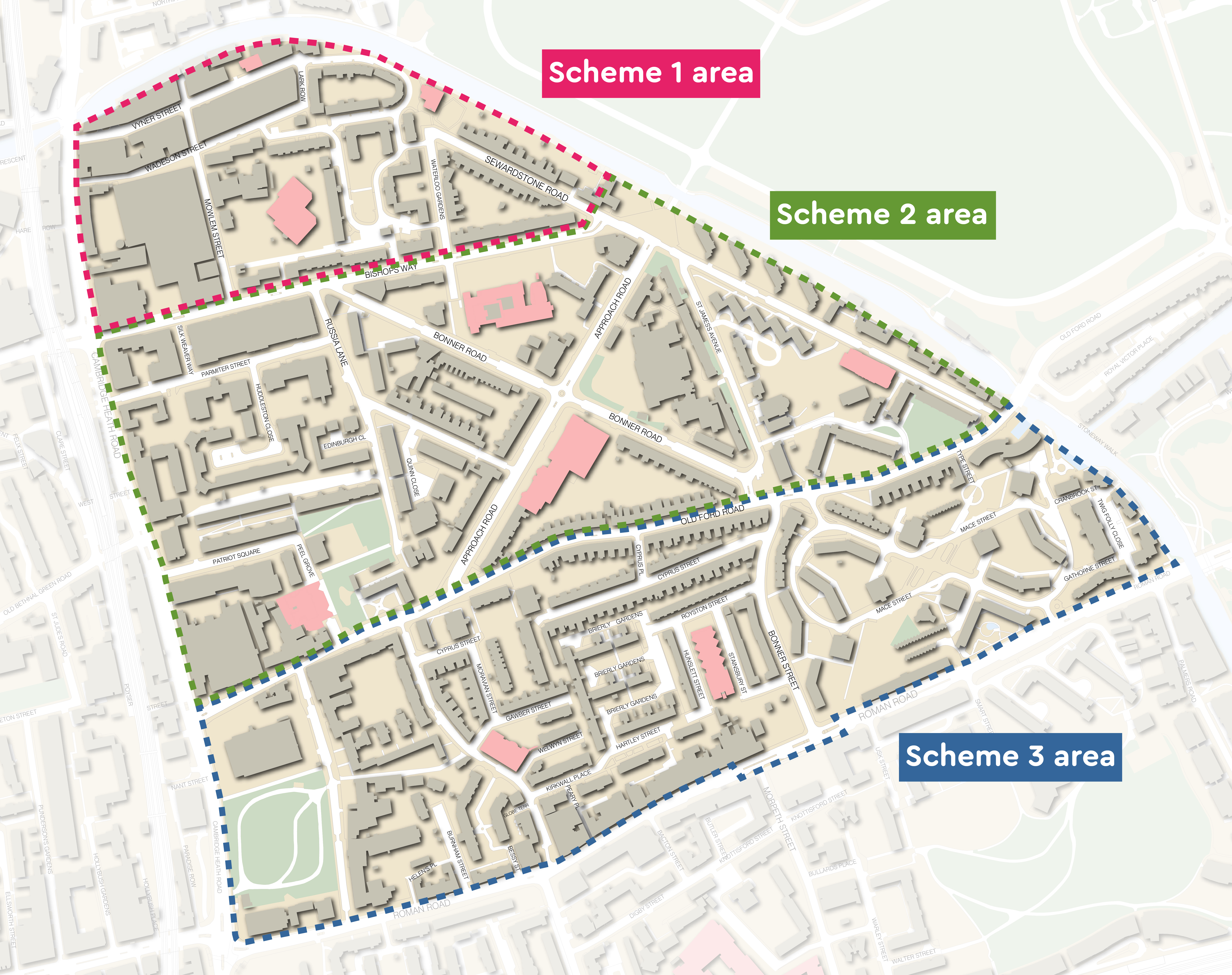 Scheme area map of project area bounded by Regent's Canal, Cambridge Heath Road and Roman Road.