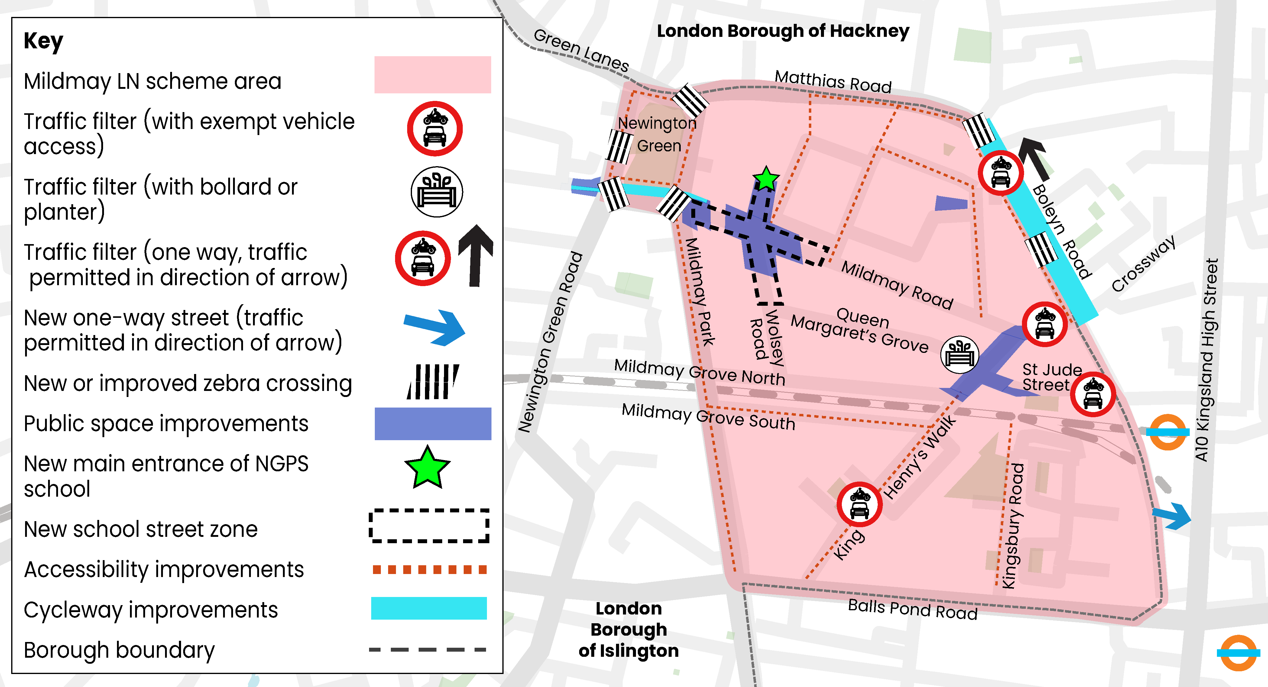 Map of the Mildmay Liveable neighbourhood project final measures we will be implementing